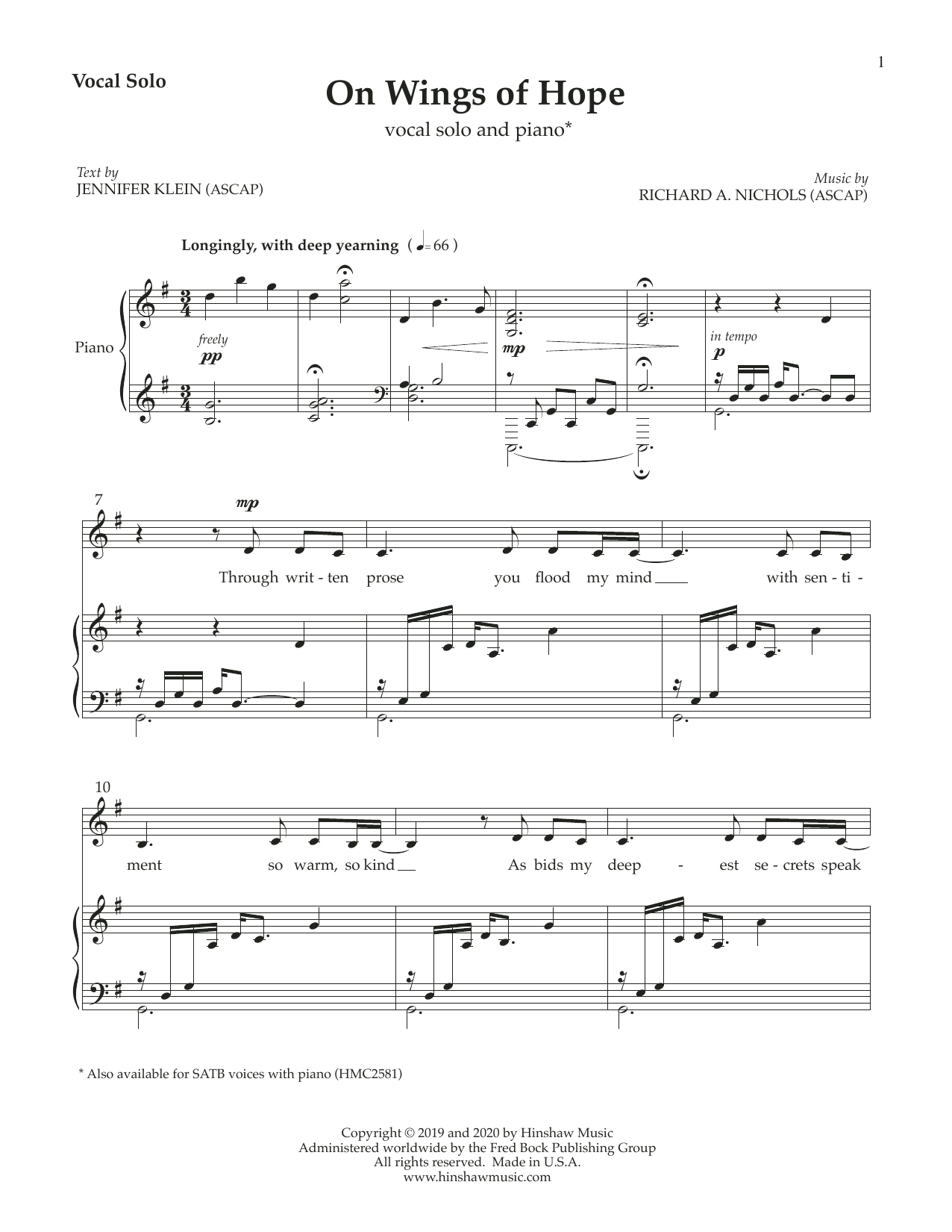 Download Richard Nichols On Wings of Hope Sheet Music and learn how to play Piano & Vocal PDF digital score in minutes