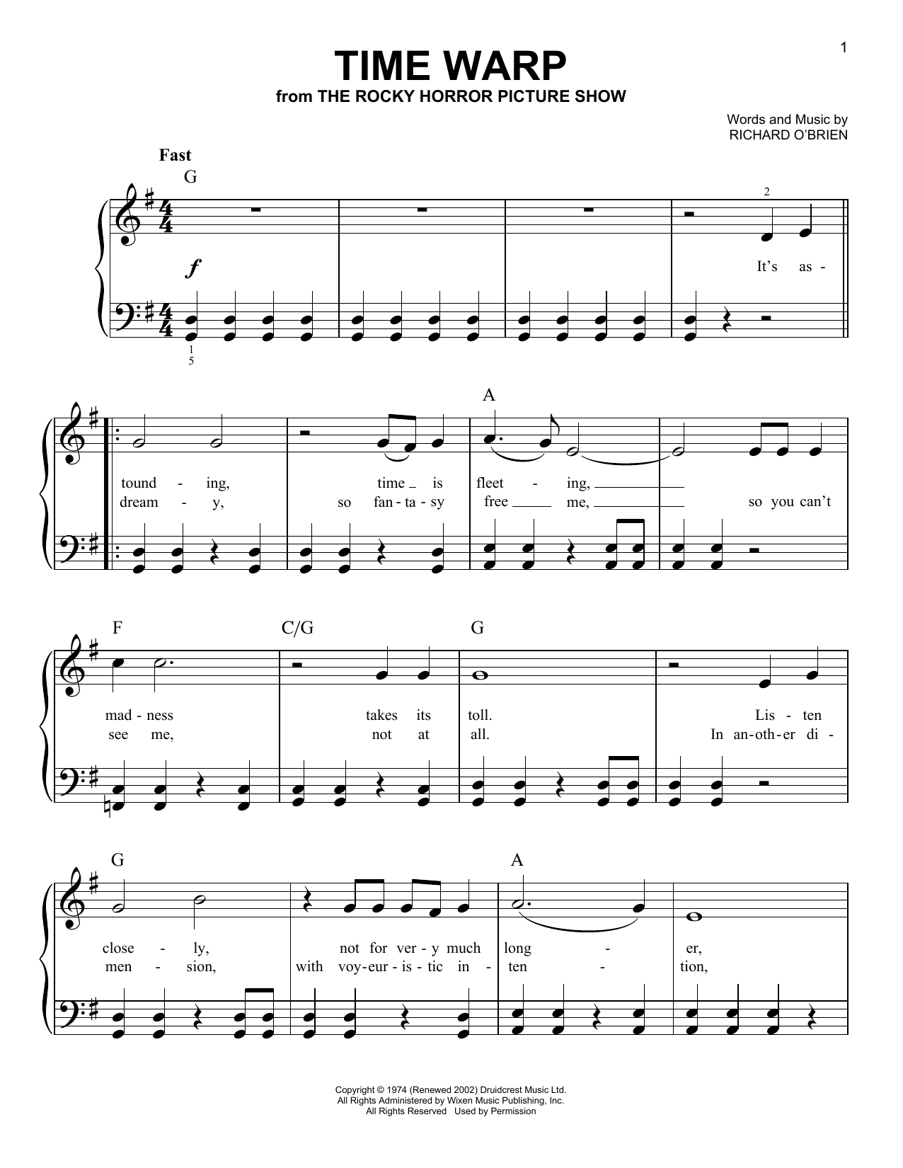 Download Richard O'Brien Time Warp (from The Rocky Horror Picture Show) Sheet Music and learn how to play Very Easy Piano PDF digital score in minutes