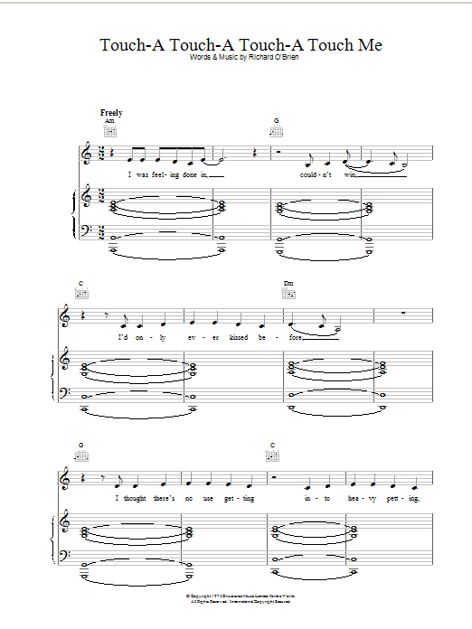 Download Richard O'Brien Touch A Touch A Touch A Touch Me Sheet Music and learn how to play Piano, Vocal & Guitar (Right-Hand Melody) PDF digital score in minutes