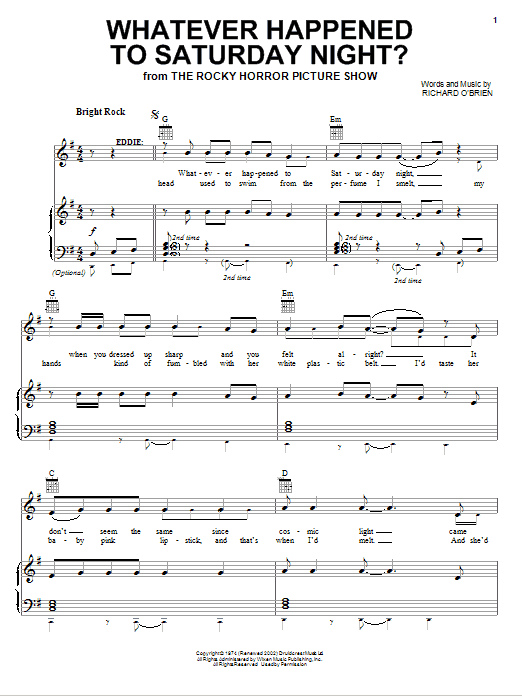 Download Richard O'Brien Whatever Happened To Saturday Night? Sheet Music and learn how to play Piano, Vocal & Guitar (Right-Hand Melody) PDF digital score in minutes