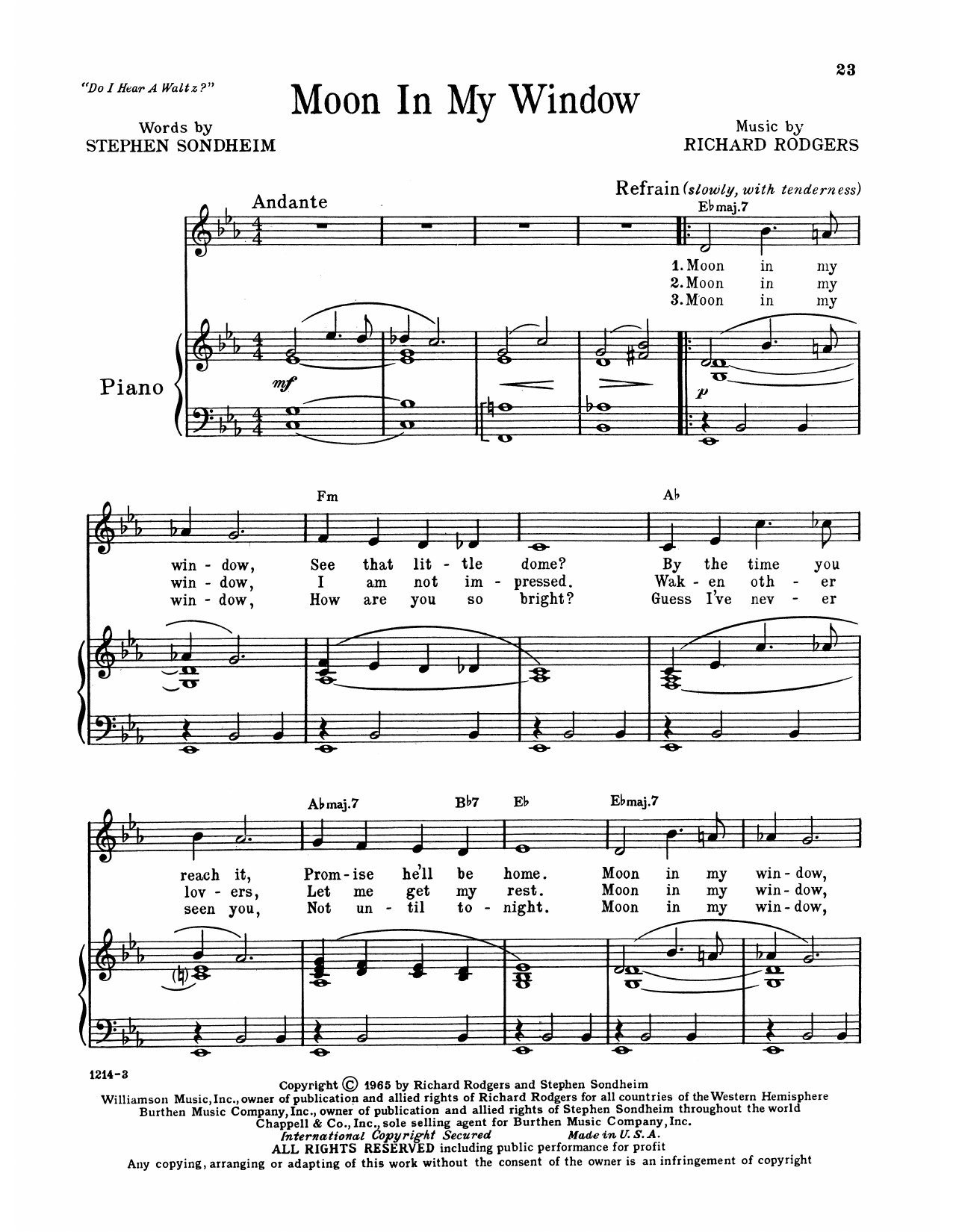 Download Richard Rodgers & Stephen Sondheim Moon In My Window (from Do I Hear A Waltz?) Sheet Music and learn how to play Piano, Vocal & Guitar Chords (Right-Hand Melody) PDF digital score in minutes