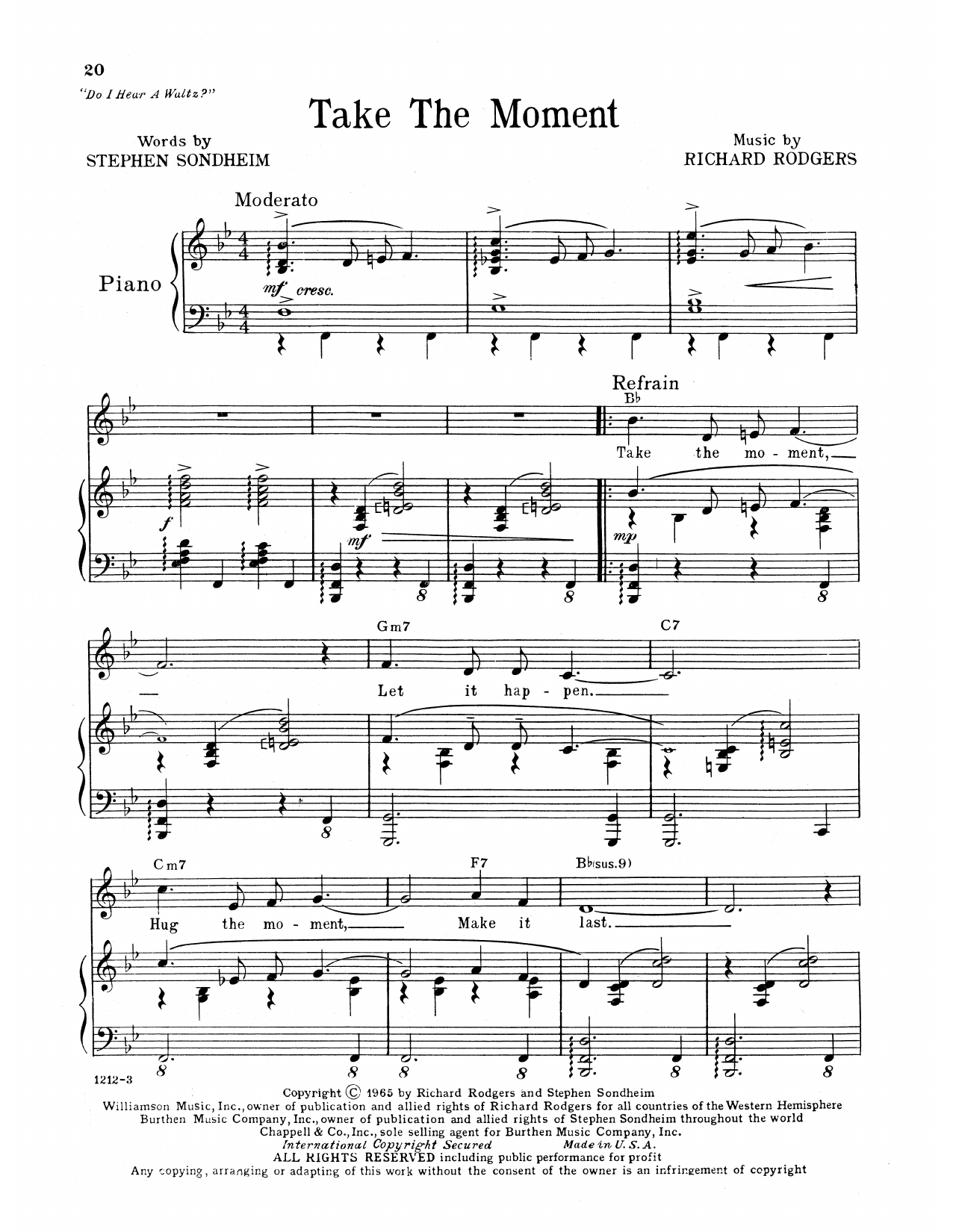 Download Richard Rodgers & Stephen Sondheim Take The Moment (from Do I Hear A Waltz?) Sheet Music and learn how to play Piano, Vocal & Guitar Chords (Right-Hand Melody) PDF digital score in minutes