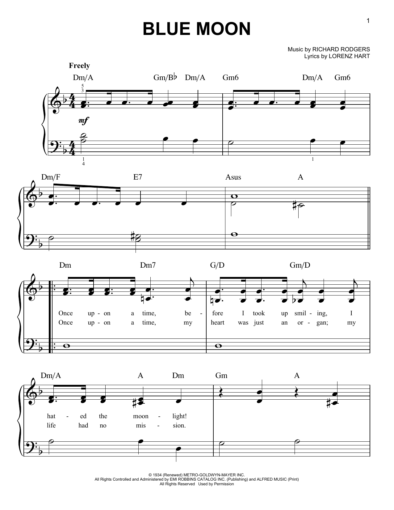 Download Richard Rodgers Blue Moon Sheet Music and learn how to play Easy Piano PDF digital score in minutes