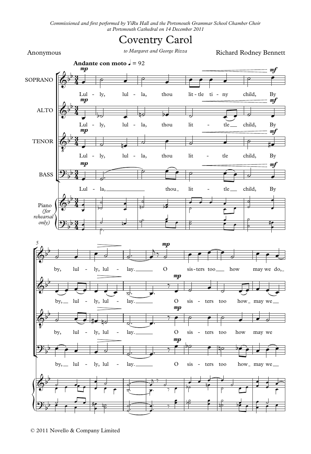 Download Richard Rodney Bennett Coventry Carol Sheet Music and learn how to play SATB Choir PDF digital score in minutes