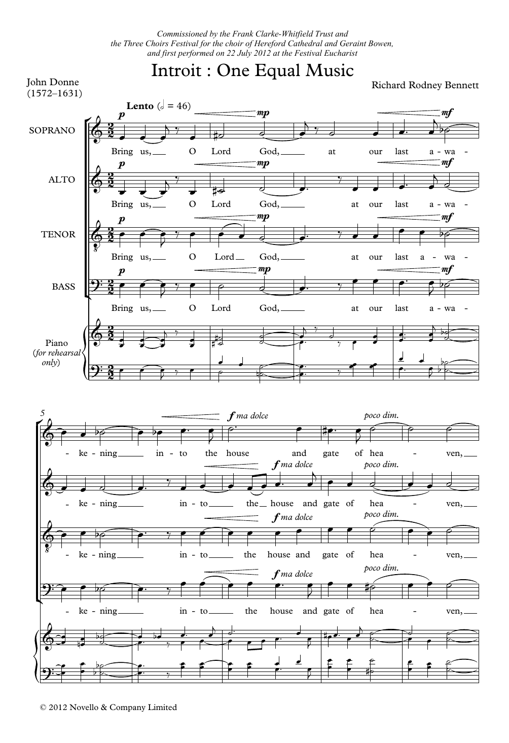 Download Richard Rodney Bennett Introit: One Equal Music Sheet Music and learn how to play SATB Choir PDF digital score in minutes