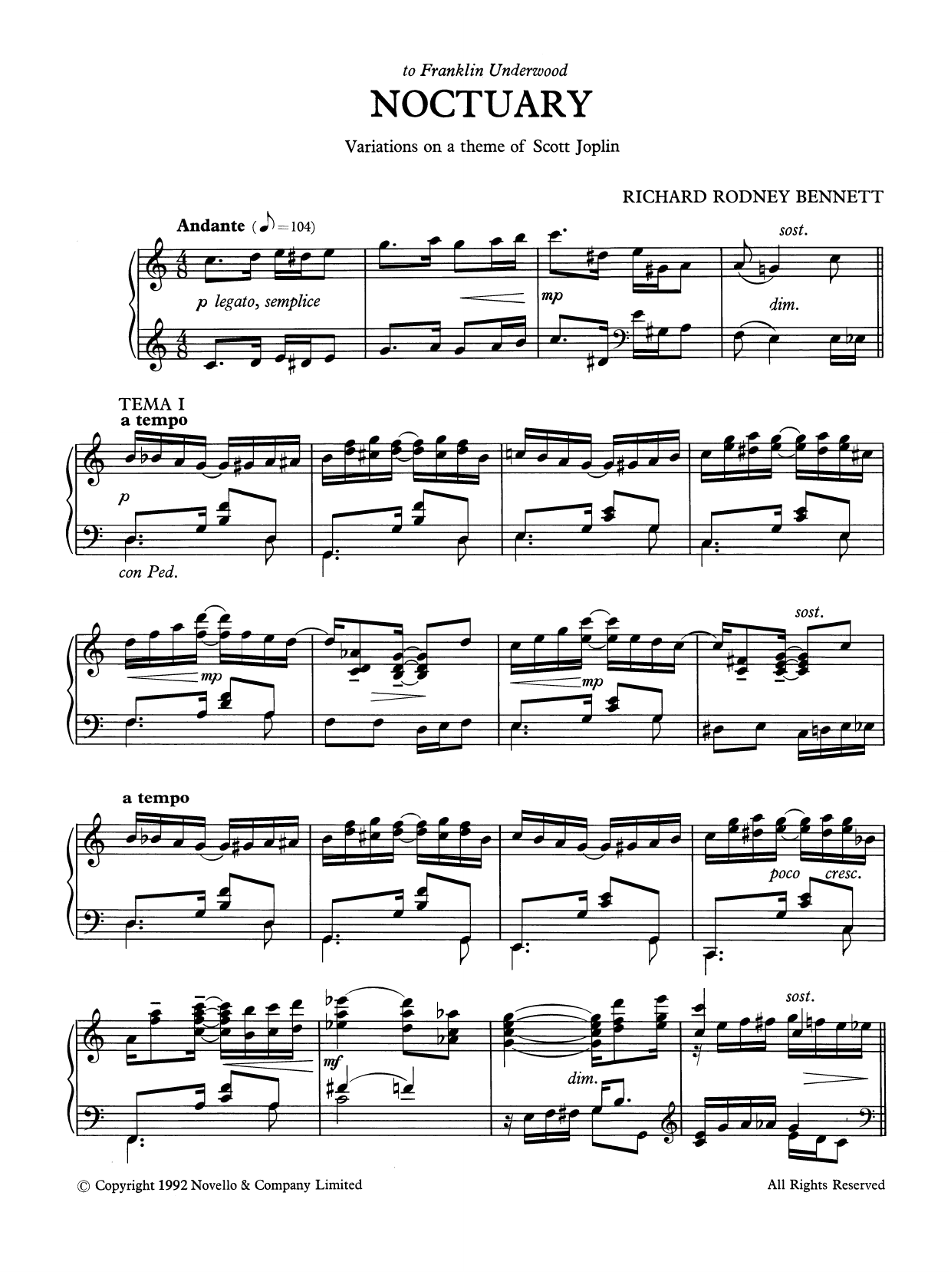 Download Richard Rodney Bennett Noctuary Sheet Music and learn how to play Piano PDF digital score in minutes