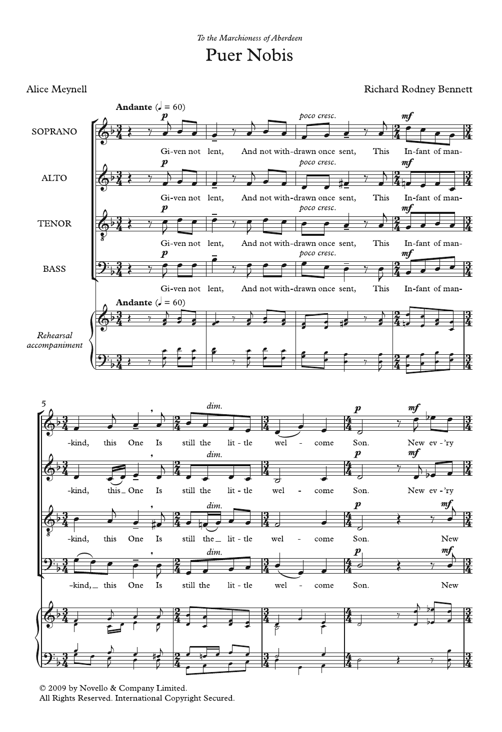 Download Richard Rodney Bennett Puer Nobis Sheet Music and learn how to play SATB Choir PDF digital score in minutes