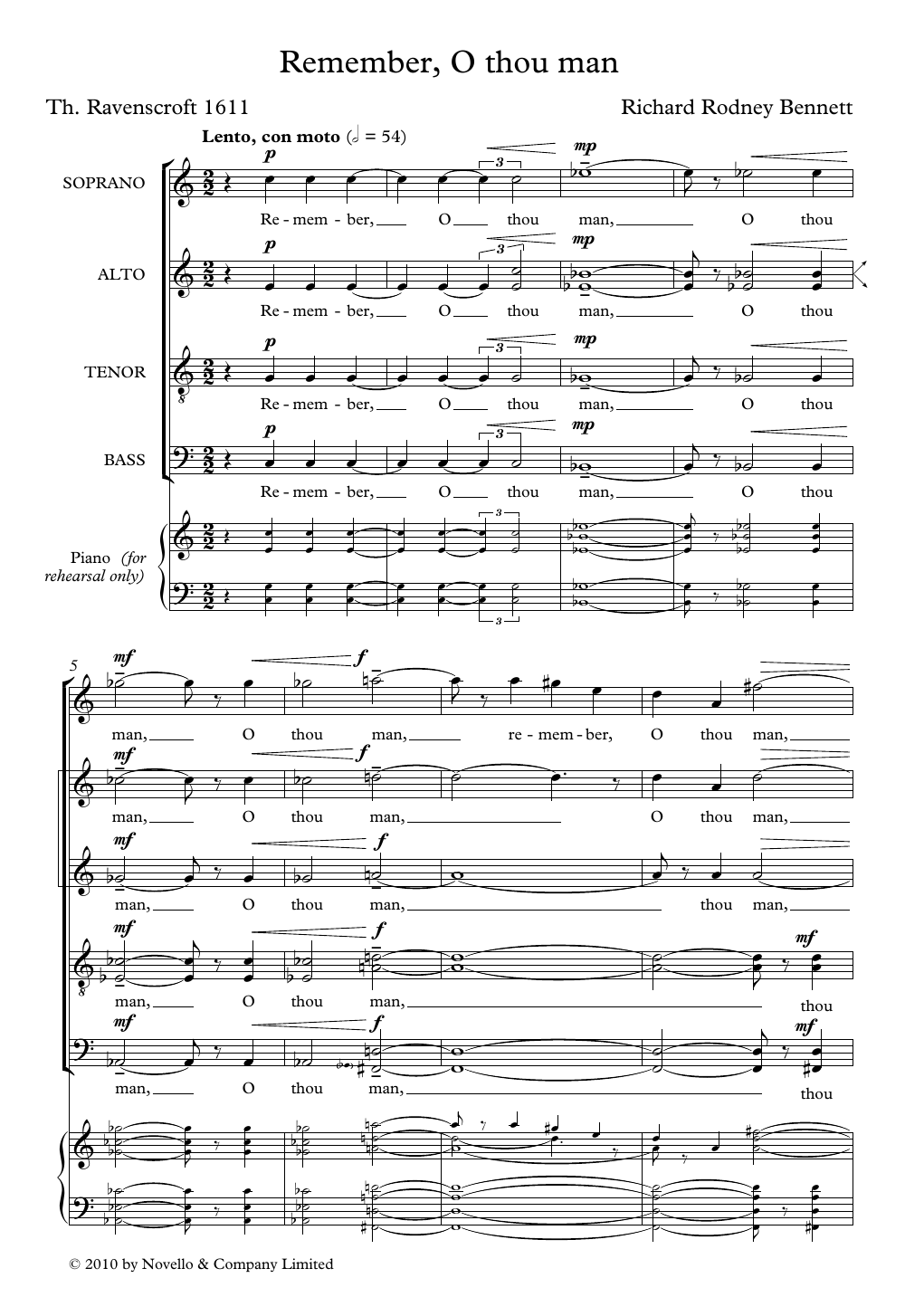 Download Richard Rodney Bennett Remember, O Thou Man Sheet Music and learn how to play SATB Choir PDF digital score in minutes