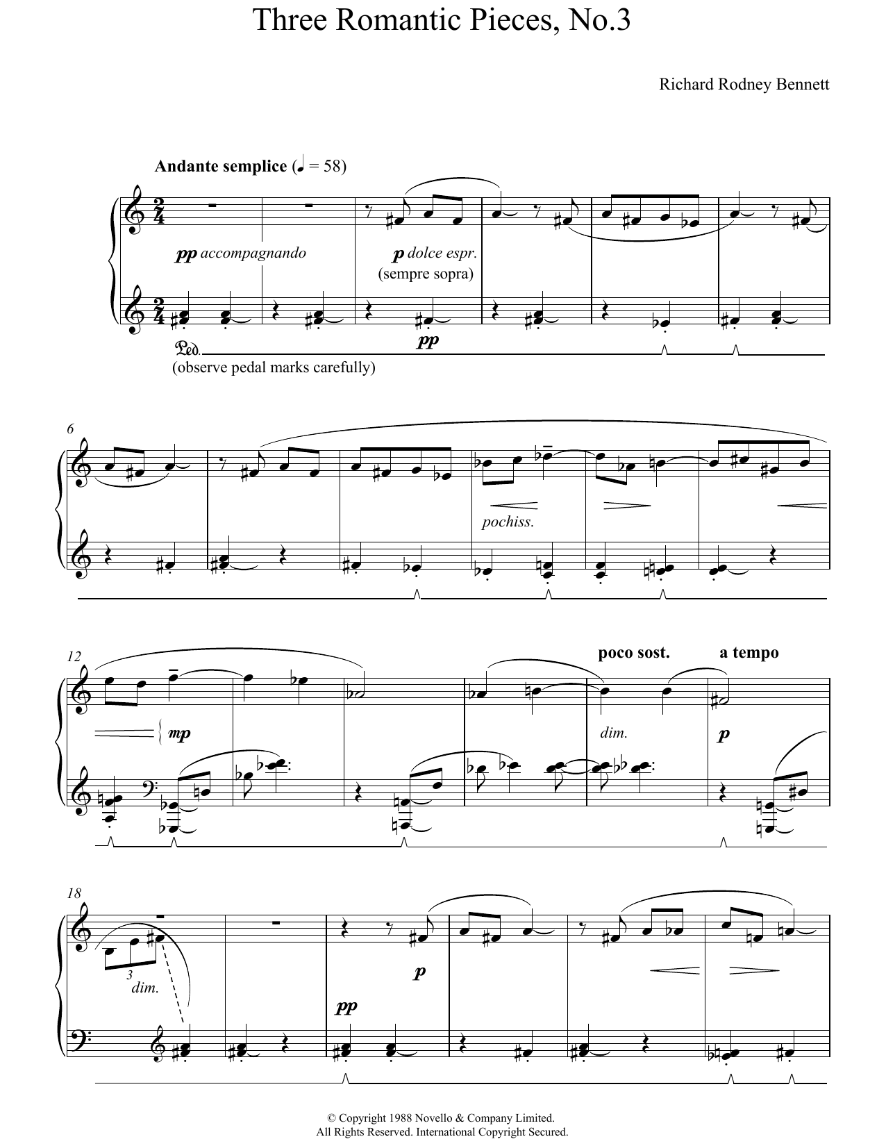 Download Richard Rodney Bennett Three Romantic Pieces, No.3 Sheet Music and learn how to play Piano PDF digital score in minutes