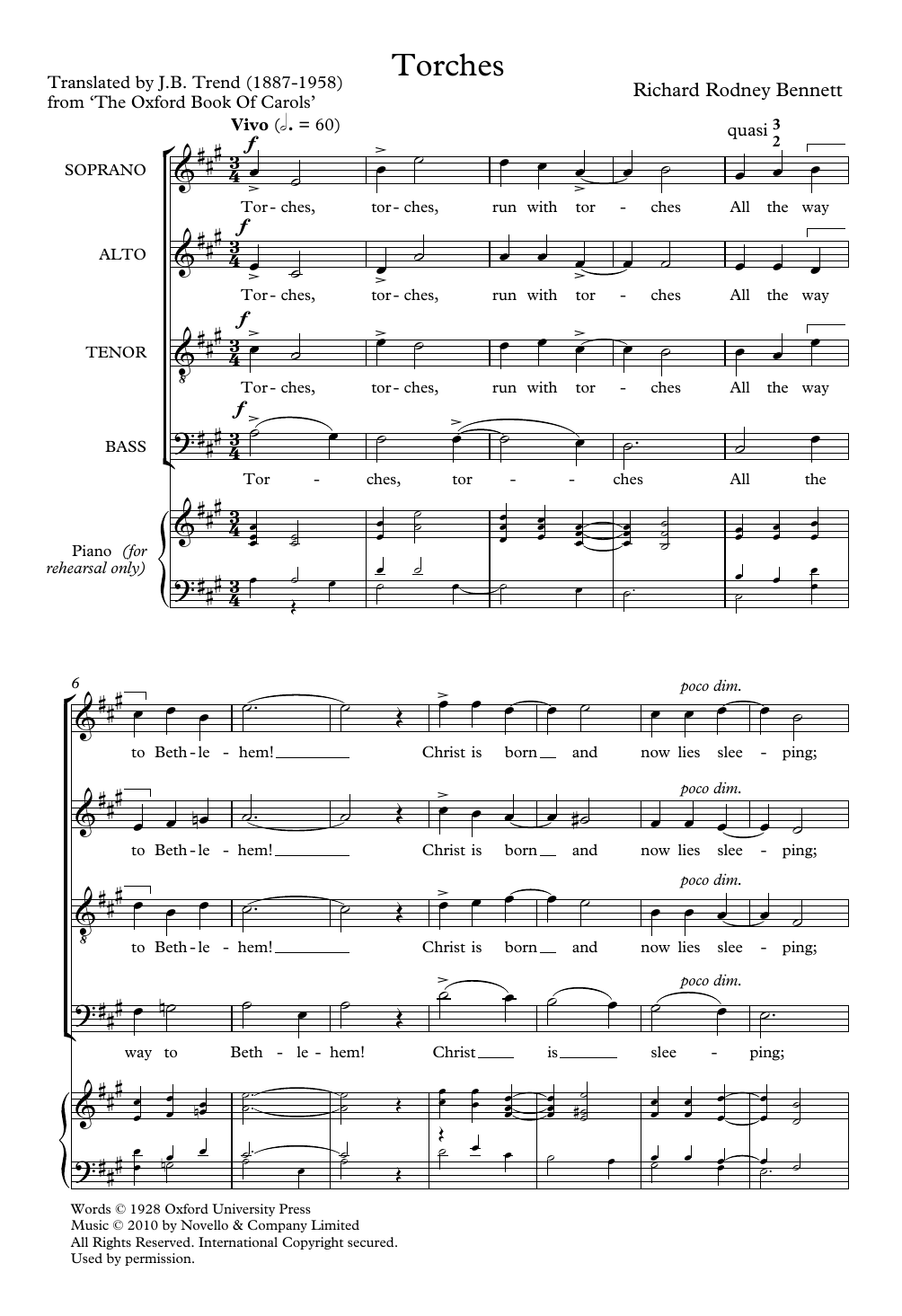 Download Richard Rodney Bennett Torches Sheet Music and learn how to play SATB Choir PDF digital score in minutes