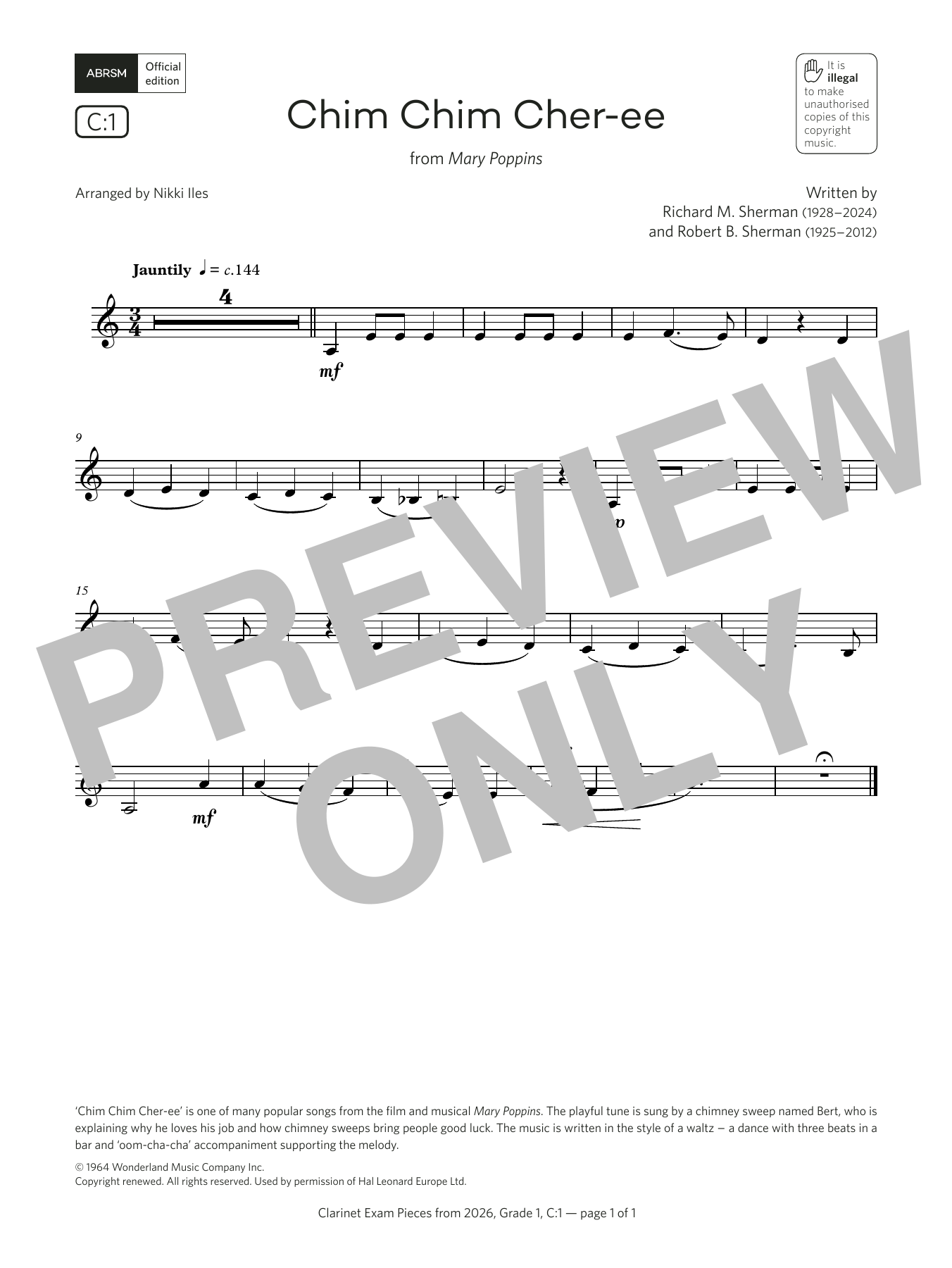 Download Richard Sherman & Robert Sherman Chim Chim Cher-ee (Grade 1, list C1, from the ABRSM Clarinet Syllabus from 2026) Sheet Music and learn how to play Clarinet Solo PDF digital score in minutes