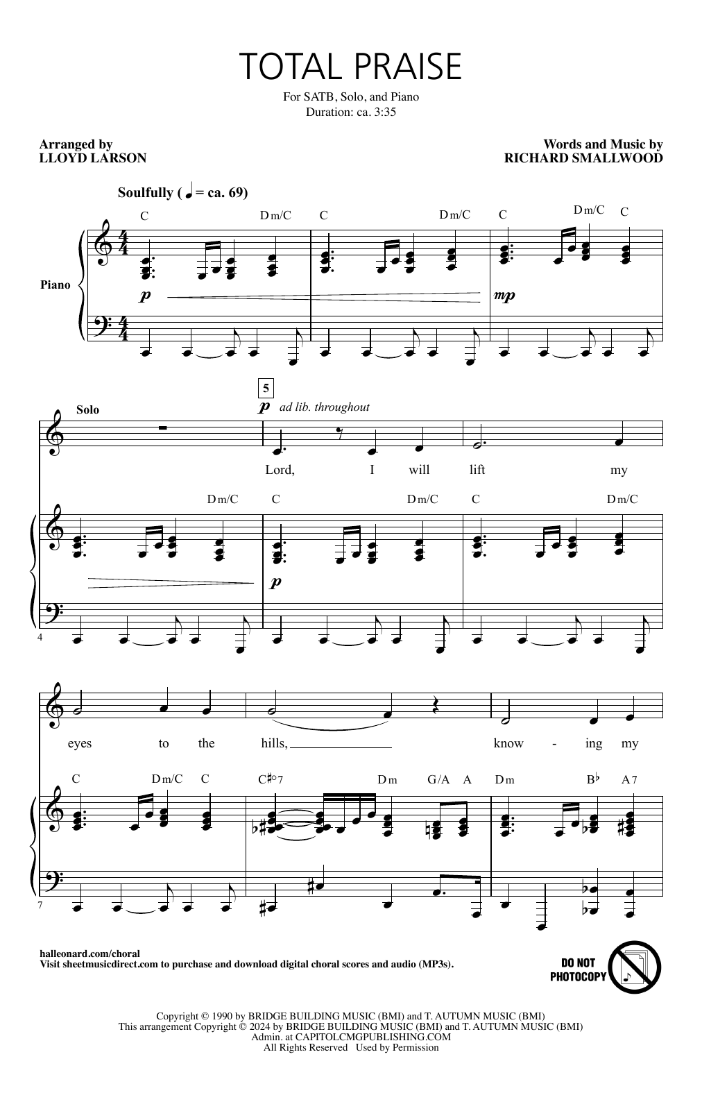 Download Richard Smallwood Total Praise (arr. Lloyd Larson) Sheet Music and learn how to play SATB Choir PDF digital score in minutes