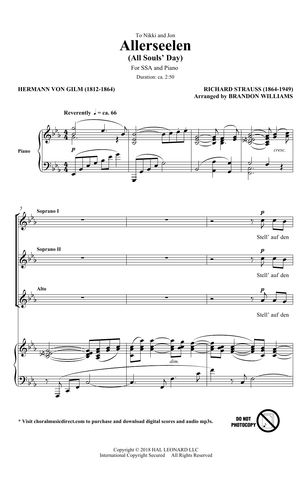 Download Richard Strauss & Hermann von Gilm Allerseelen (arr. Brandon Williams) Sheet Music and learn how to play SSA Choir PDF digital score in minutes