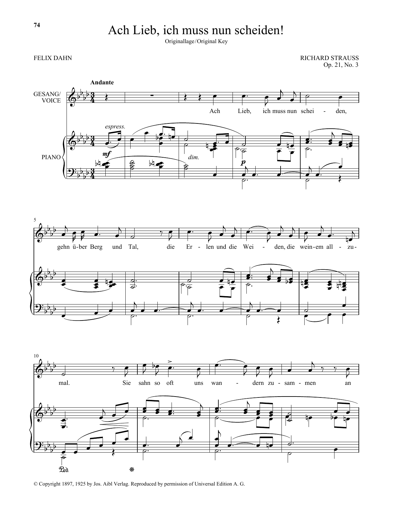 Download Richard Strauss Ach Lieb, Ich Muss Nun Scheiden! (High Voice) Sheet Music and learn how to play Piano & Vocal PDF digital score in minutes