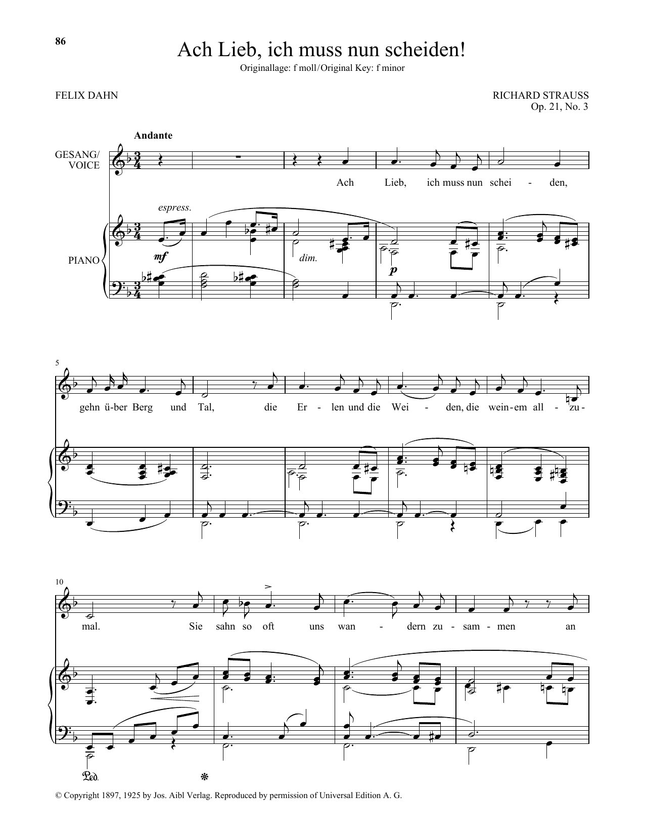 Download Richard Strauss Ach Lieb, Ich Muss Nun Scheiden! (Low Voice) Sheet Music and learn how to play Piano & Vocal PDF digital score in minutes