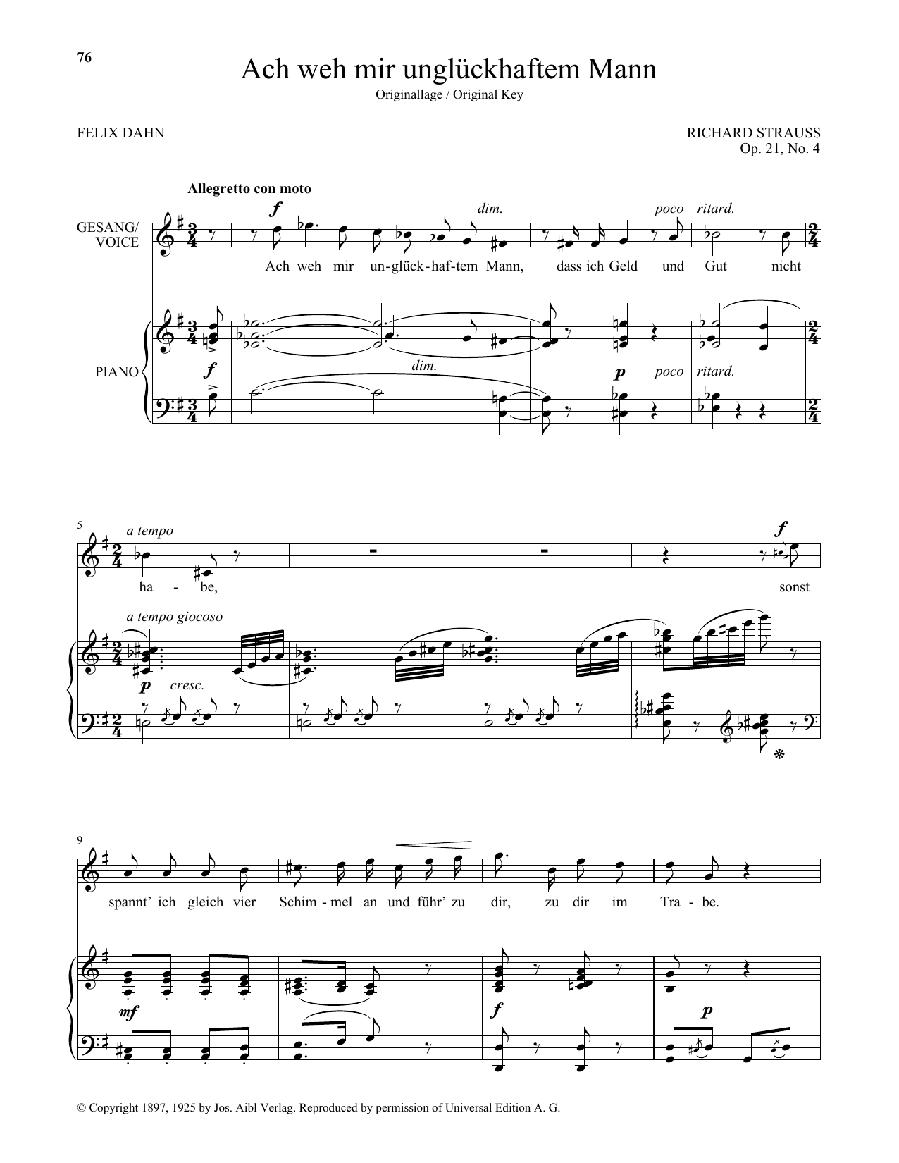 Download Richard Strauss Ach Weh Mir Ungluckhaftem Mann (High Voice) Sheet Music and learn how to play Piano & Vocal PDF digital score in minutes