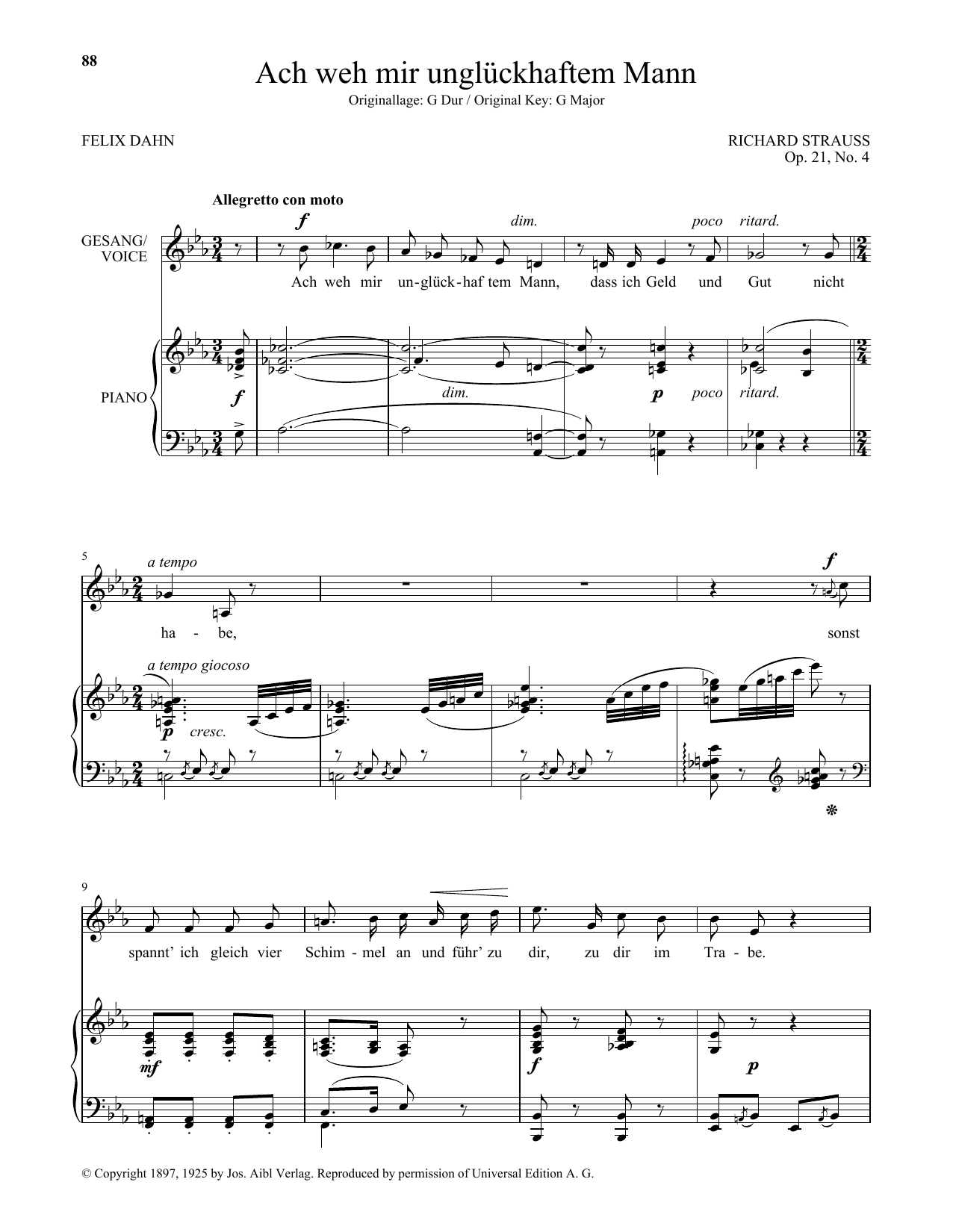 Download Richard Strauss Ach Weh Mir Ungluckhaftem Mann (Low Voice) Sheet Music and learn how to play Piano & Vocal PDF digital score in minutes
