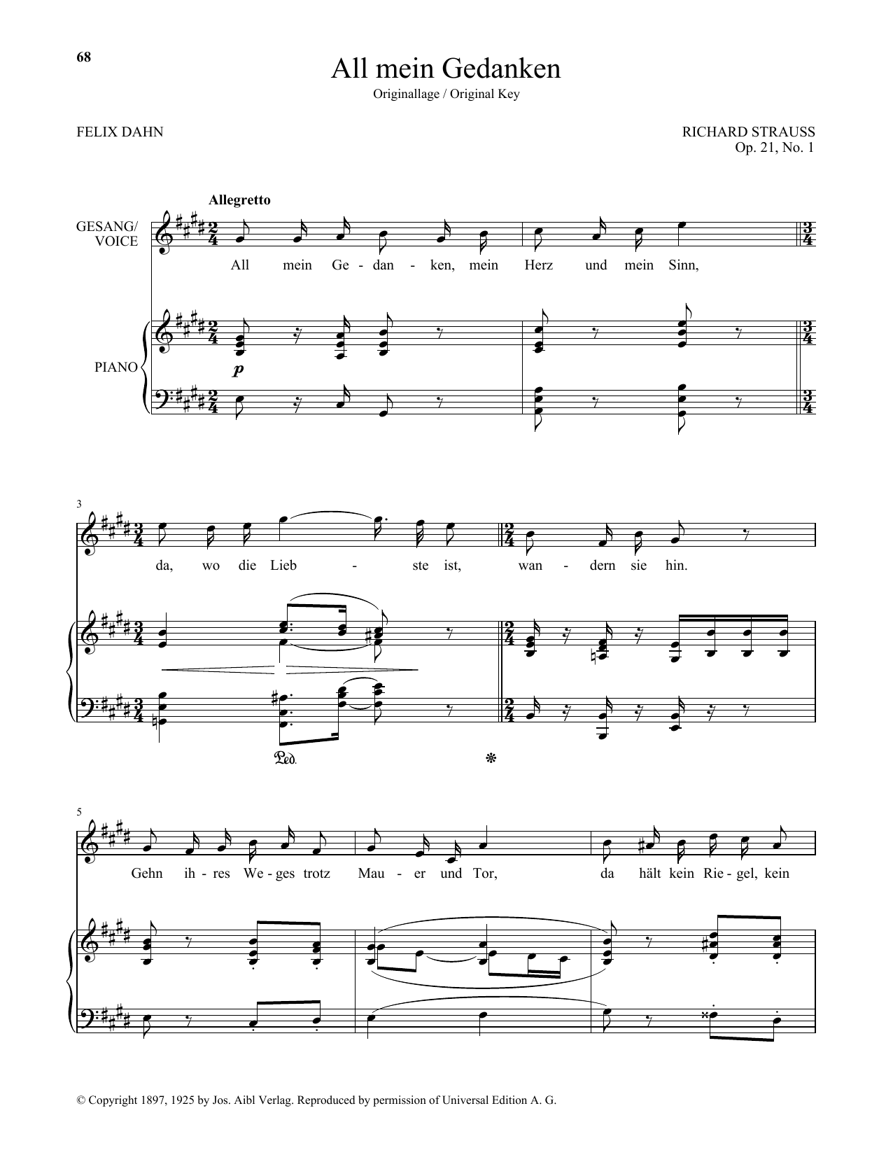 Download Richard Strauss All Mein Gedanken (High Voice) Sheet Music and learn how to play Piano & Vocal PDF digital score in minutes