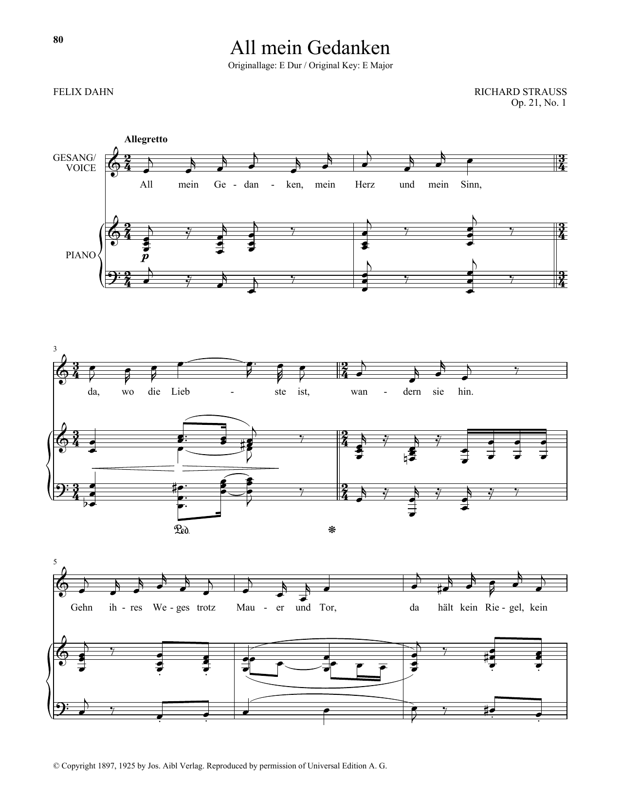 Download Richard Strauss All Mein Gedanken (Low Voice) Sheet Music and learn how to play Piano & Vocal PDF digital score in minutes
