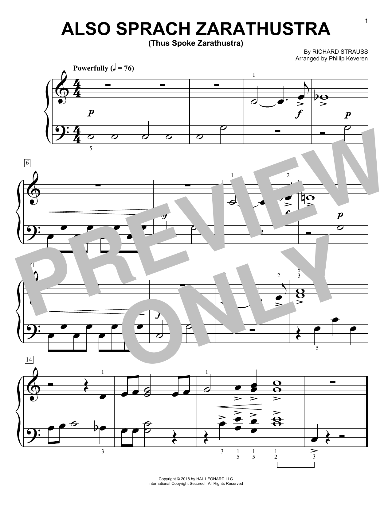 Download Phillip Keveren Also Sprach Zarathustra Sheet Music and learn how to play Big Note Piano PDF digital score in minutes