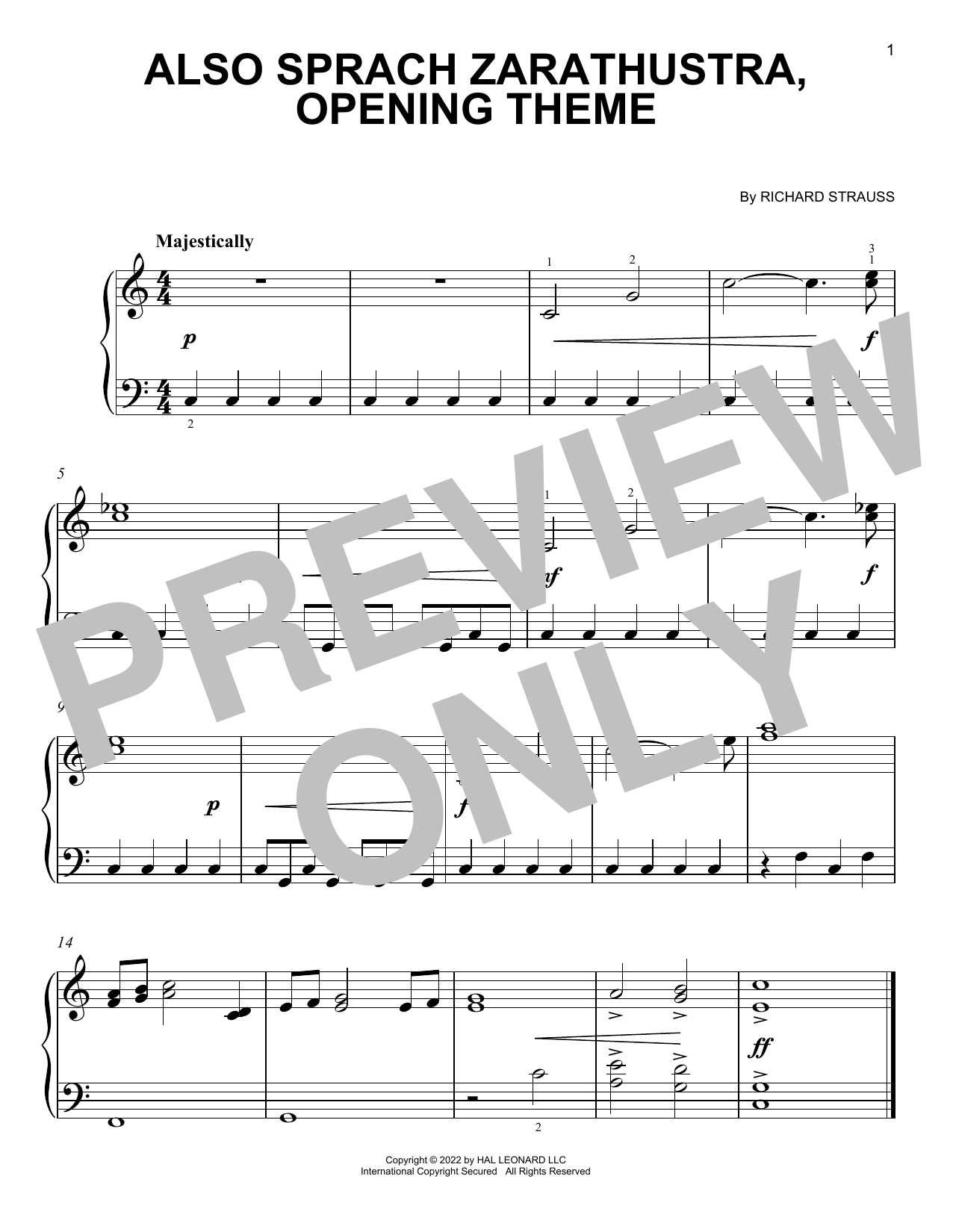 Download Richard Strauss Also Sprach Zarathustra, Opening Theme (from 2001: A Space Odyssey) Sheet Music and learn how to play Easy Piano PDF digital score in minutes