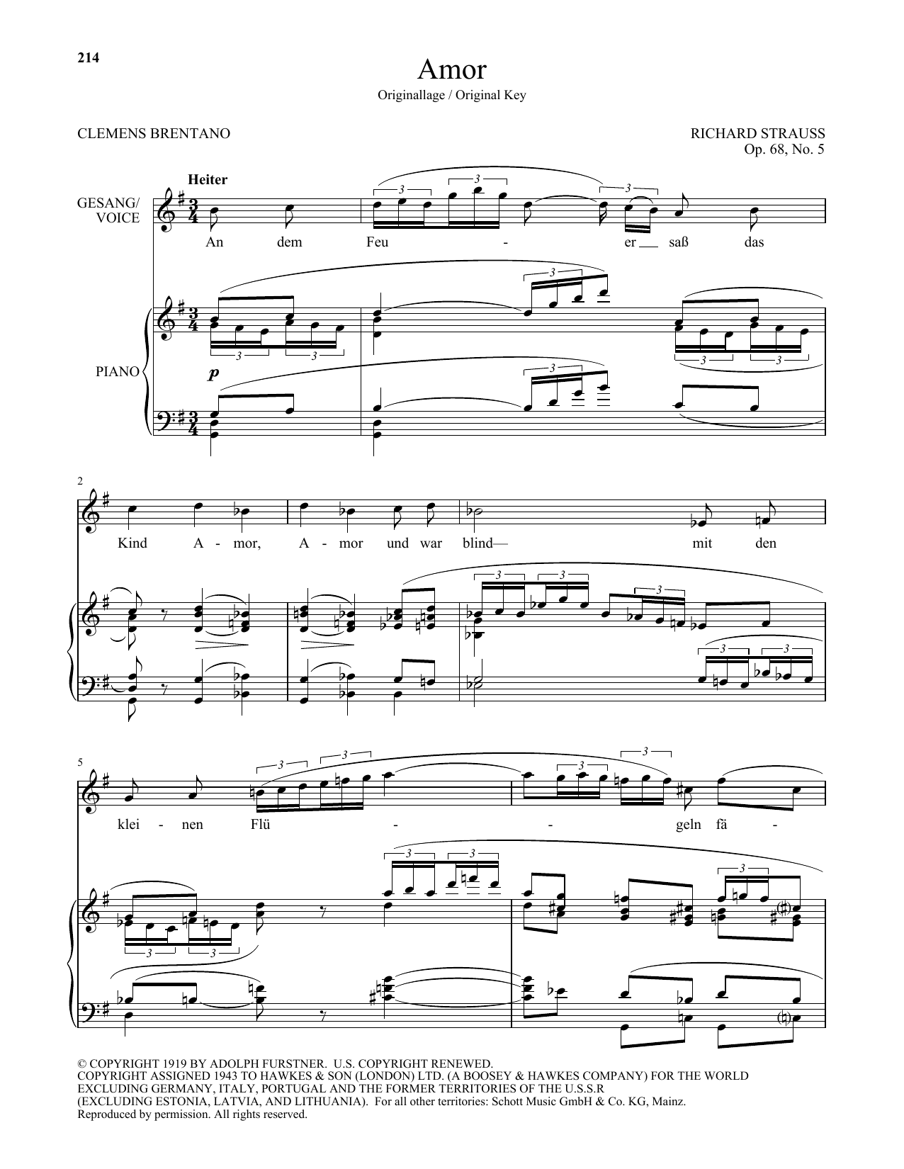 Download Richard Strauss Amor (High Voice) Sheet Music and learn how to play Piano & Vocal PDF digital score in minutes