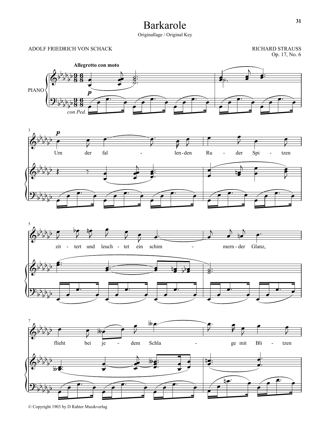 Download Richard Strauss Barkarole (High Voice) Sheet Music and learn how to play Piano & Vocal PDF digital score in minutes