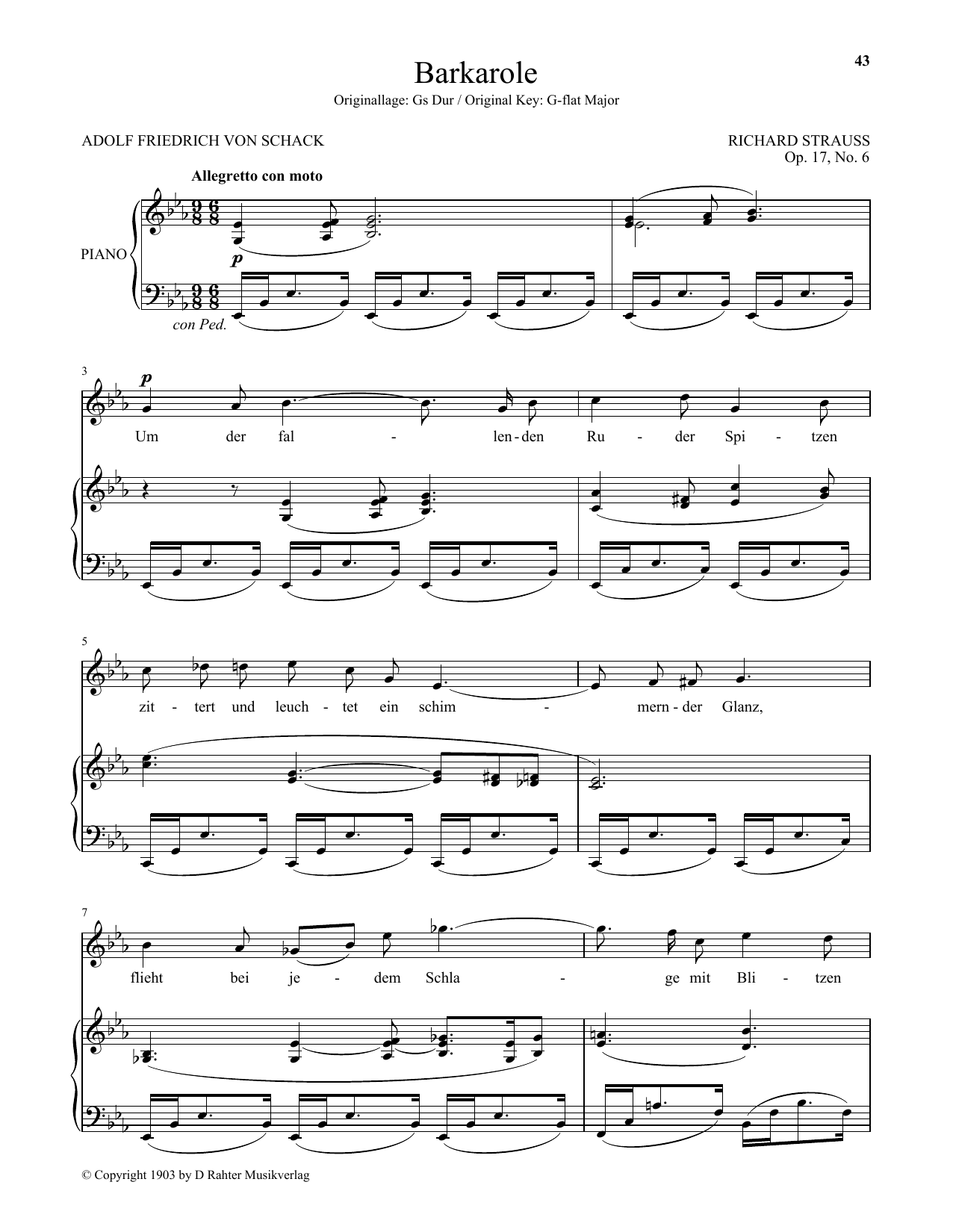 Download Richard Strauss Barkarole (Low Voice) Sheet Music and learn how to play Piano & Vocal PDF digital score in minutes