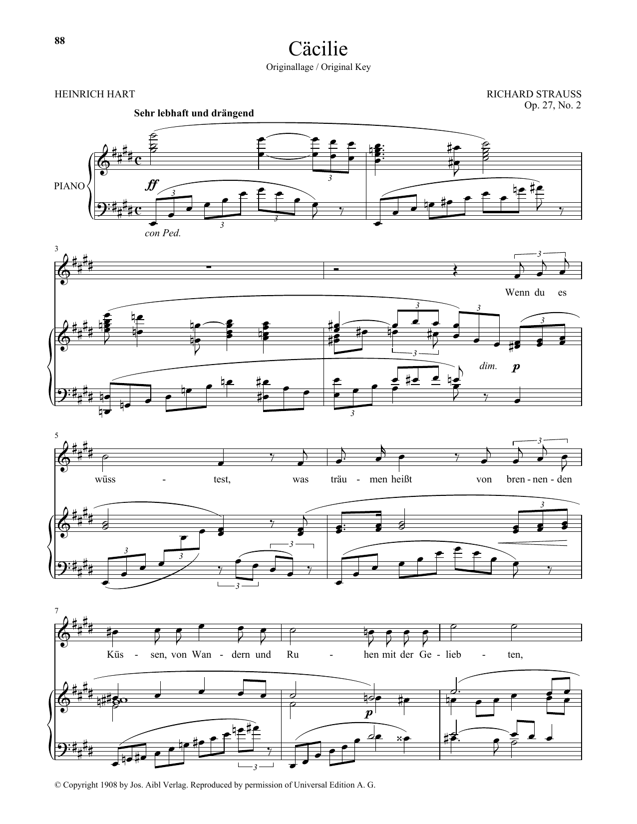 Download Richard Strauss Cacilie (High Voice) Sheet Music and learn how to play Piano & Vocal PDF digital score in minutes
