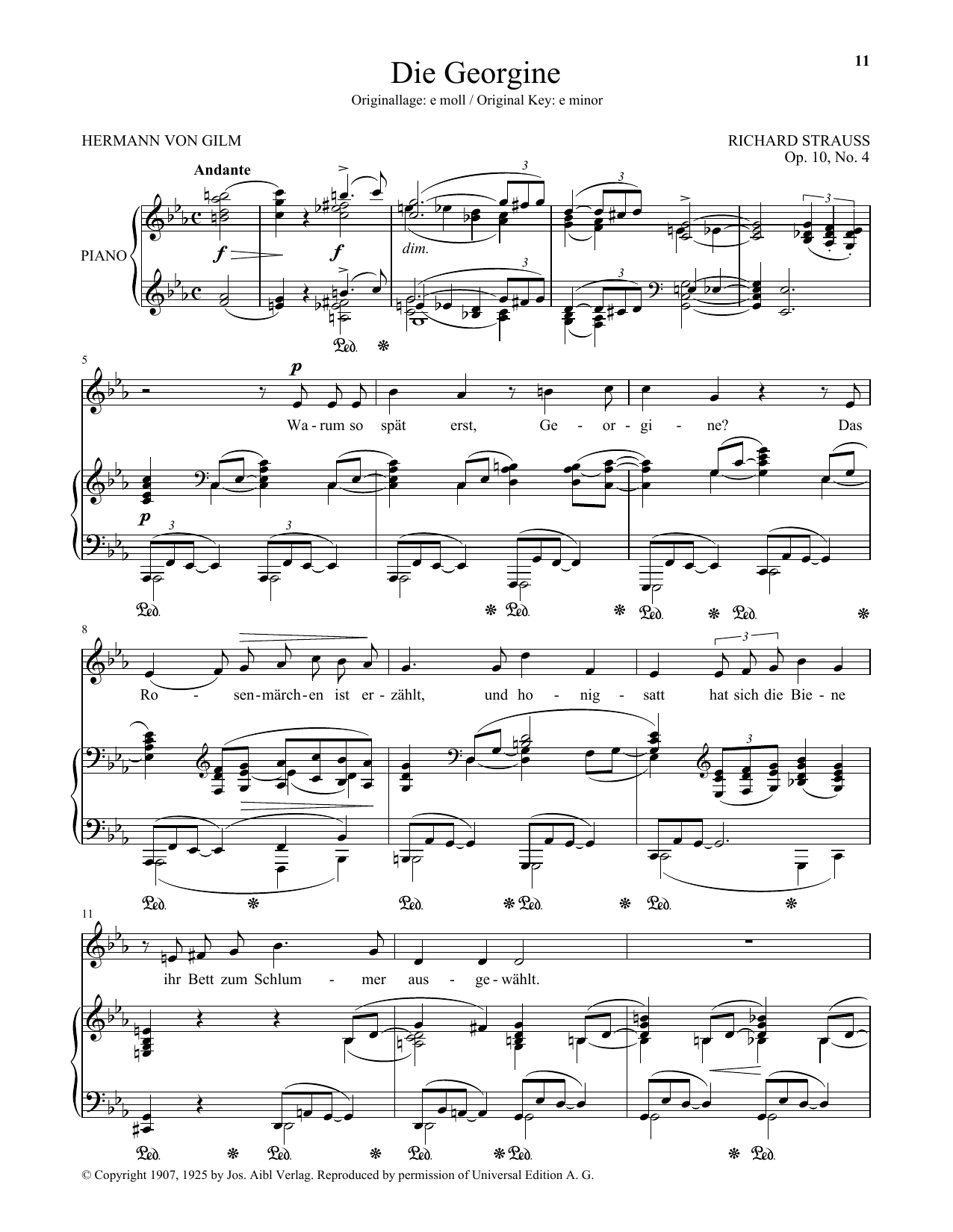 Download Richard Strauss Die Georgine (Low Voice) Sheet Music and learn how to play Piano & Vocal PDF digital score in minutes