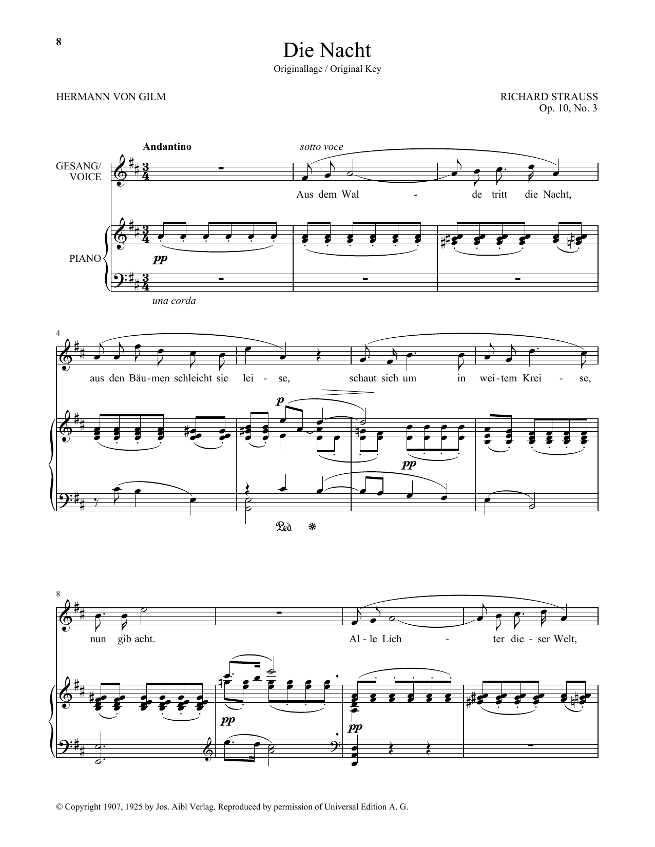 Download Richard Strauss Die Nacht (High Voice) Sheet Music and learn how to play Piano & Vocal PDF digital score in minutes