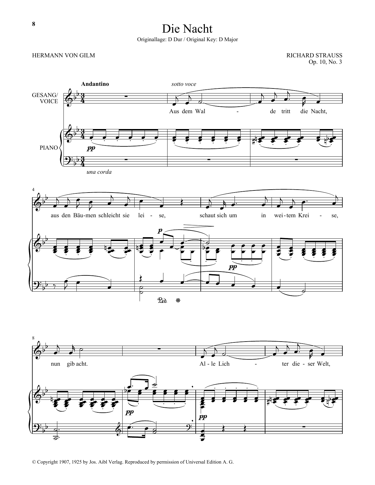 Download Richard Strauss Die Nacht (Low Voice) Sheet Music and learn how to play Piano & Vocal PDF digital score in minutes