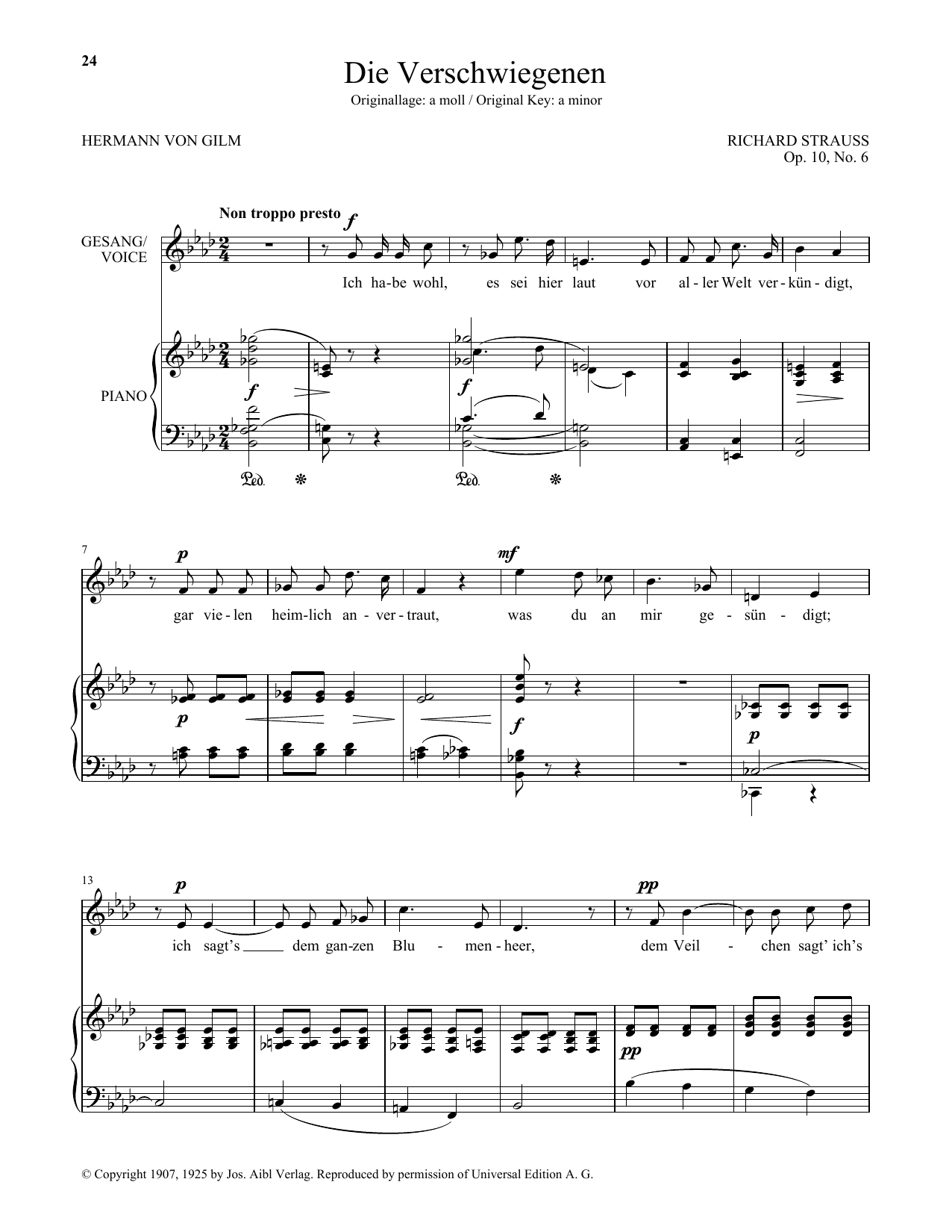 Download Richard Strauss Die Verschwiegenen (Low Voice) Sheet Music and learn how to play Piano & Vocal PDF digital score in minutes