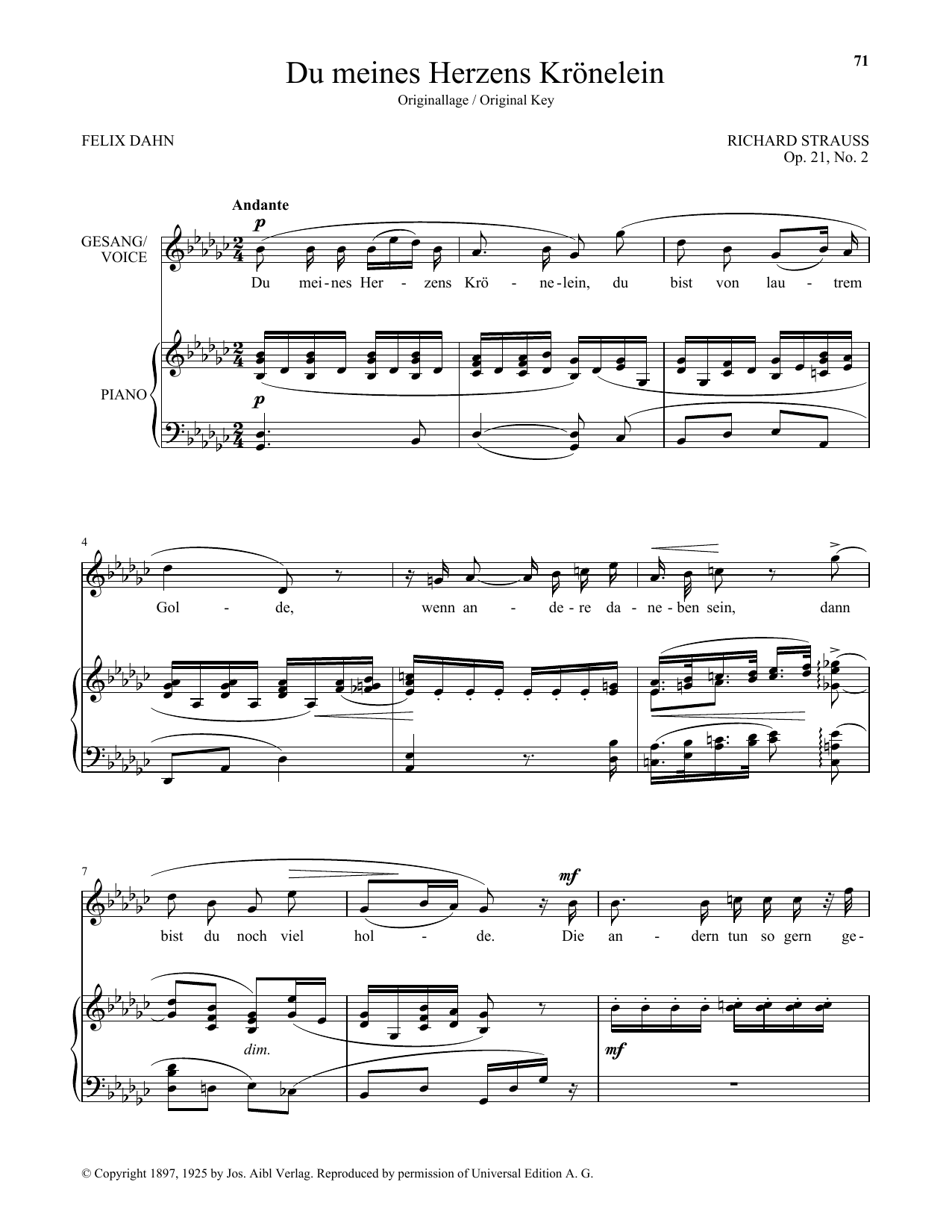 Download Richard Strauss Du Meines Herzens Kronelein (High Voice) Sheet Music and learn how to play Piano & Vocal PDF digital score in minutes