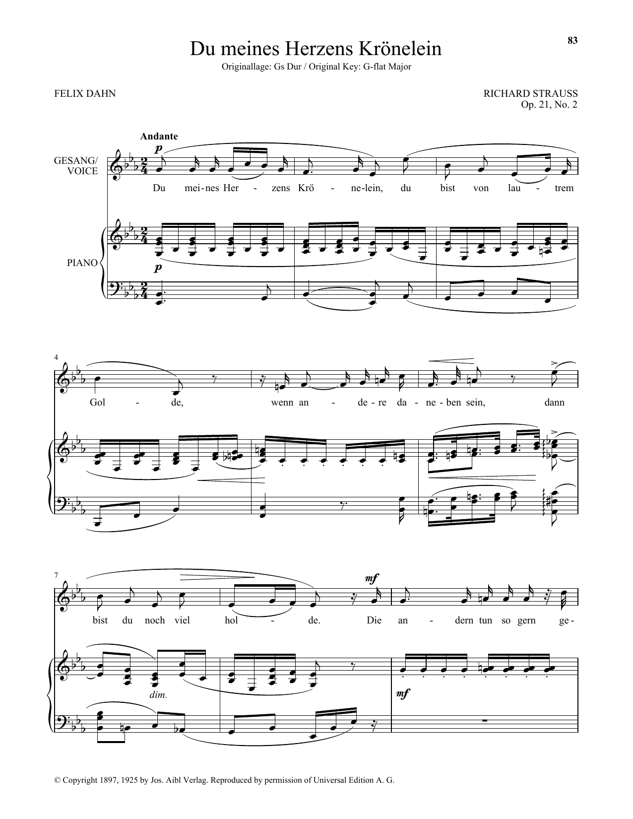 Download Richard Strauss Du Meines Herzens Kronelein (Low Voice) Sheet Music and learn how to play Piano & Vocal PDF digital score in minutes