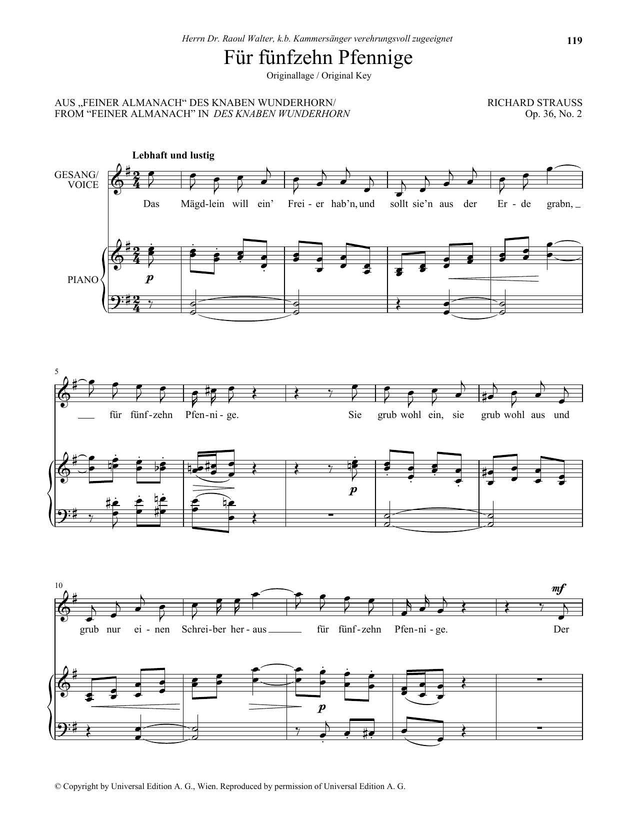 Download Richard Strauss Fur Funfzehn Pfennige (High Voice) Sheet Music and learn how to play Piano & Vocal PDF digital score in minutes