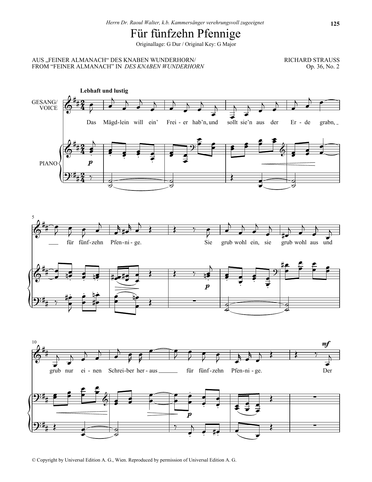 Download Richard Strauss Fur Funfzehn Pfennige (Low Voice) Sheet Music and learn how to play Piano & Vocal PDF digital score in minutes