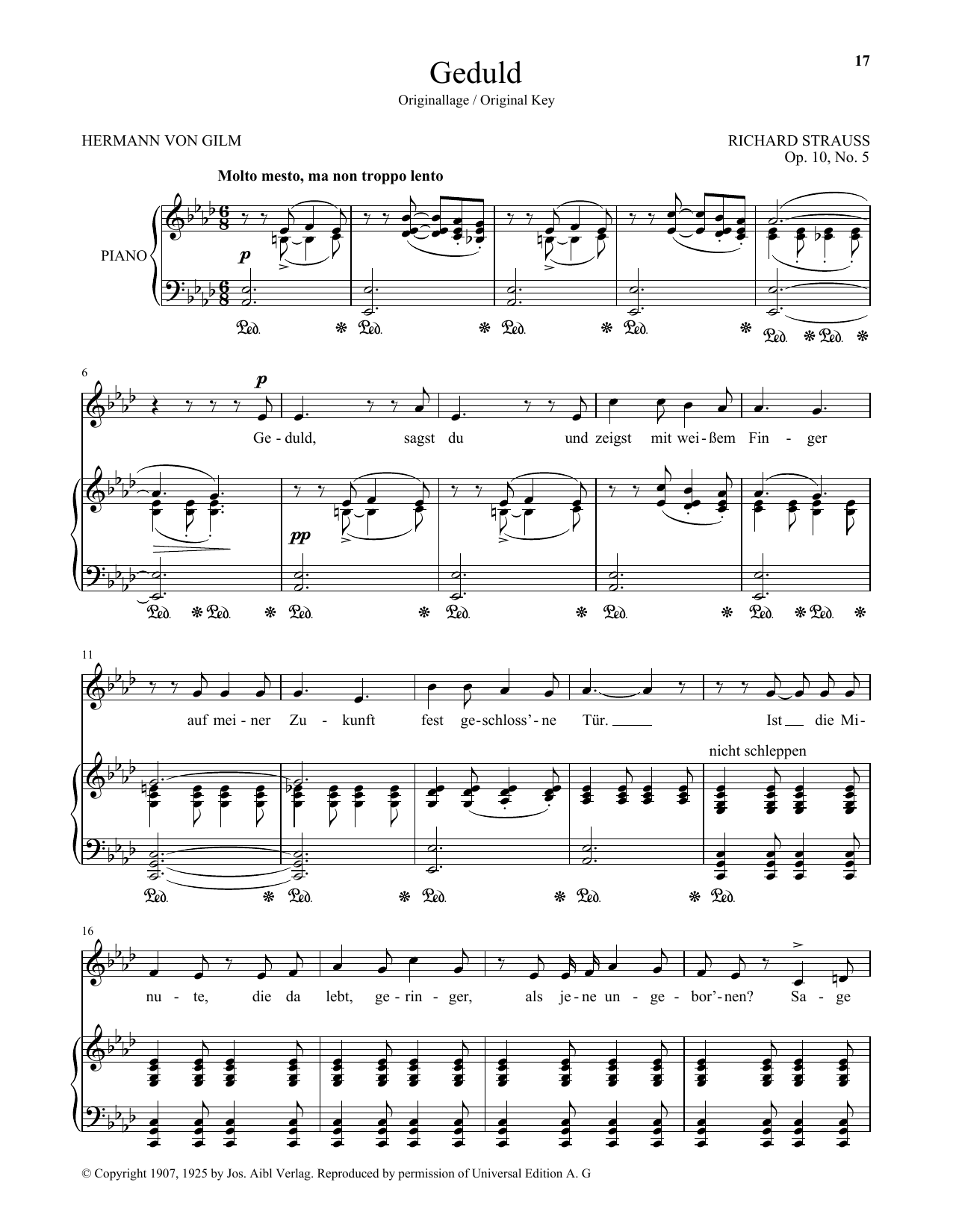Download Richard Strauss Geduld (High Voice) Sheet Music and learn how to play Piano & Vocal PDF digital score in minutes