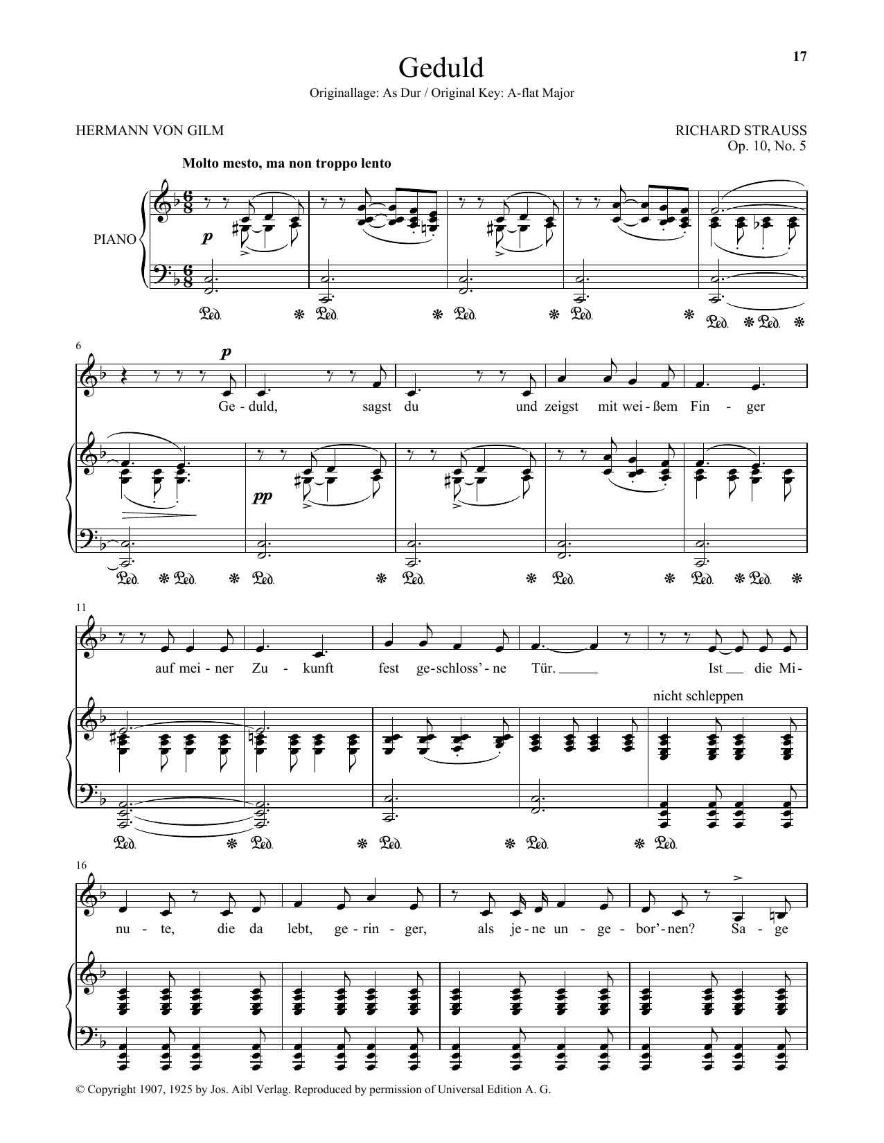 Download Richard Strauss Geduld (Low Voice) Sheet Music and learn how to play Piano & Vocal PDF digital score in minutes