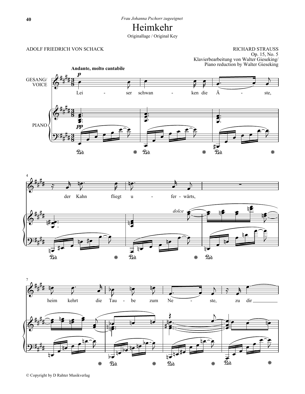 Download Richard Strauss Heimkehr (Low Voice) Sheet Music and learn how to play Piano & Vocal PDF digital score in minutes