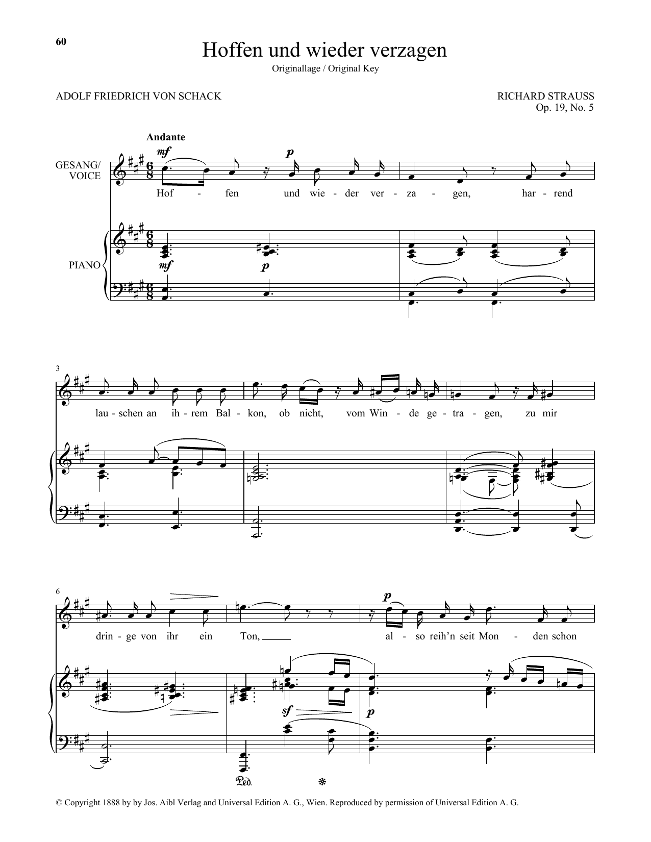 Download Richard Strauss Hoffen Und Wieder Verzagen (High Voice) Sheet Music and learn how to play Piano & Vocal PDF digital score in minutes