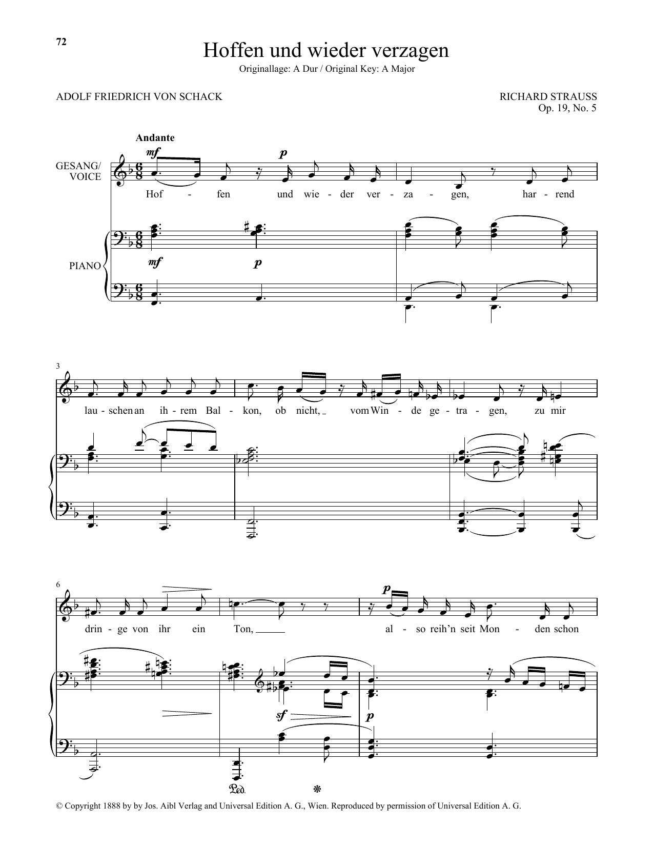 Download Richard Strauss Hoffen Und Wieder Verzagen (Low Voice) Sheet Music and learn how to play Piano & Vocal PDF digital score in minutes