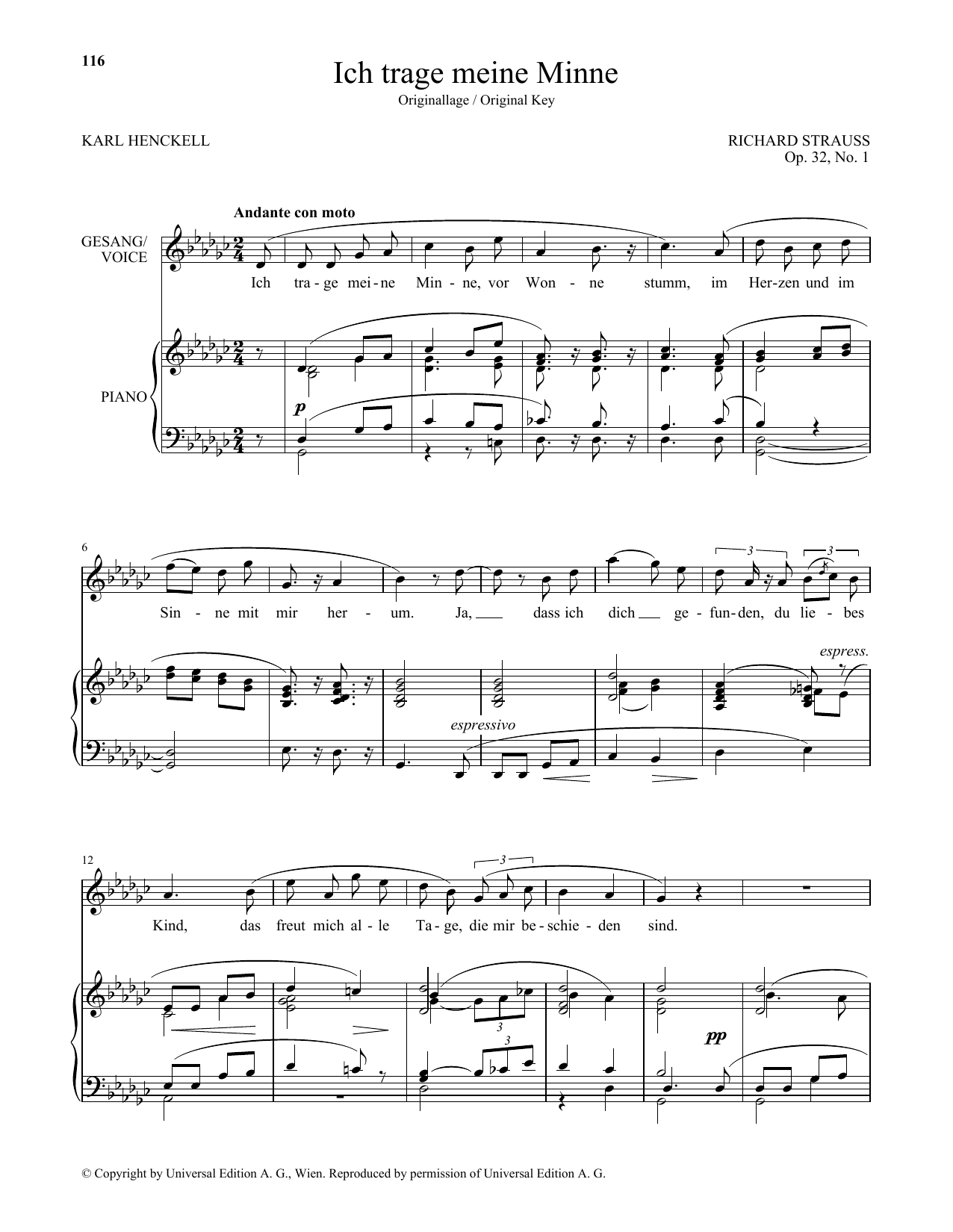 Download Richard Strauss Ich Trage Meine Minne (High Voice) Sheet Music and learn how to play Piano & Vocal PDF digital score in minutes