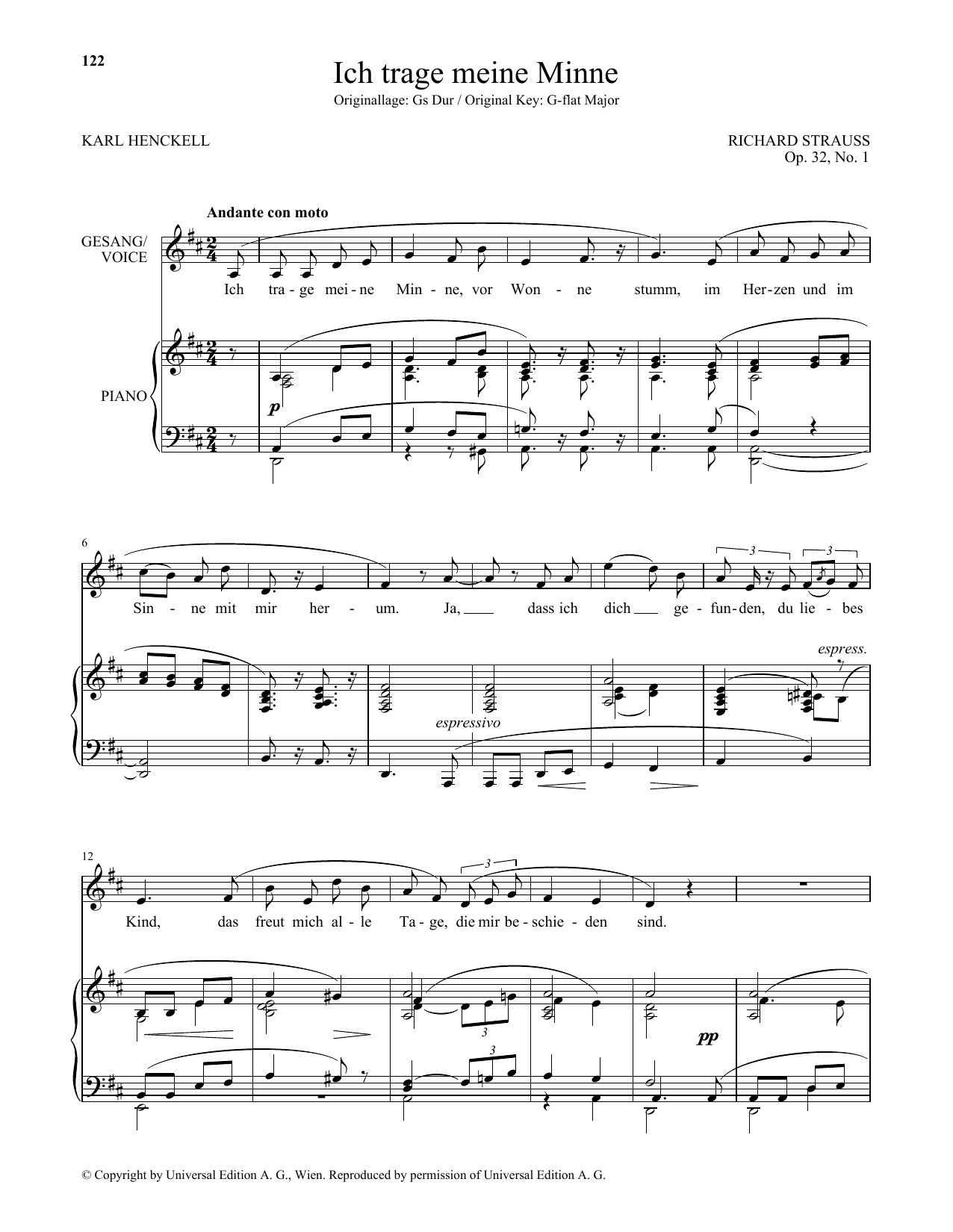 Download Richard Strauss Ich Trage Meine Minne (Low Voice) Sheet Music and learn how to play Piano & Vocal PDF digital score in minutes