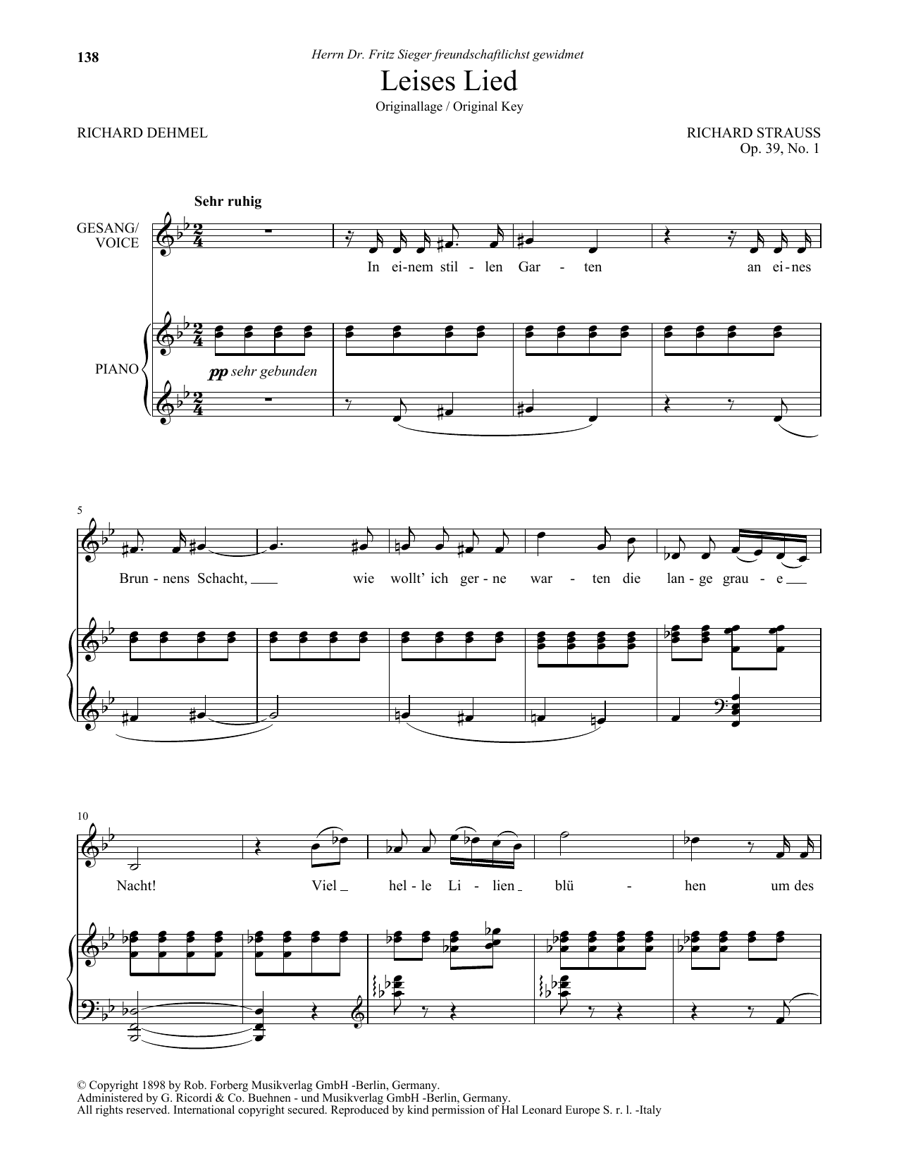 Download Richard Strauss Leises Lied (High Voice) Sheet Music and learn how to play Piano & Vocal PDF digital score in minutes