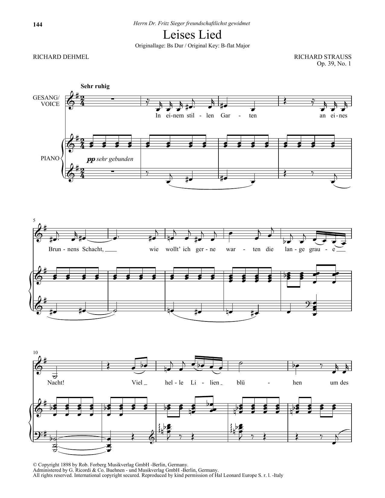 Download Richard Strauss Leises Lied (Low Voice) Sheet Music and learn how to play Piano & Vocal PDF digital score in minutes