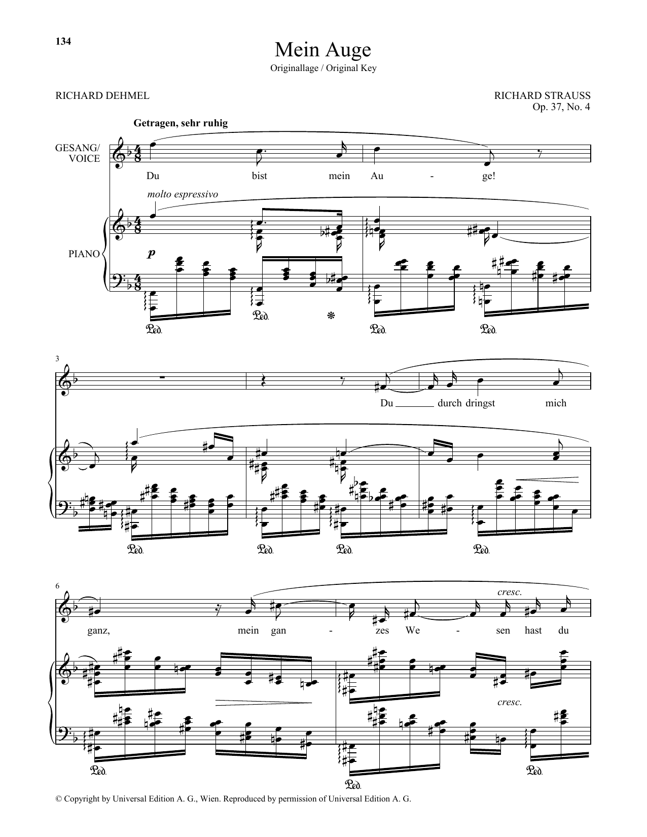 Download Richard Strauss Mein Auge (High Voice) Sheet Music and learn how to play Piano & Vocal PDF digital score in minutes