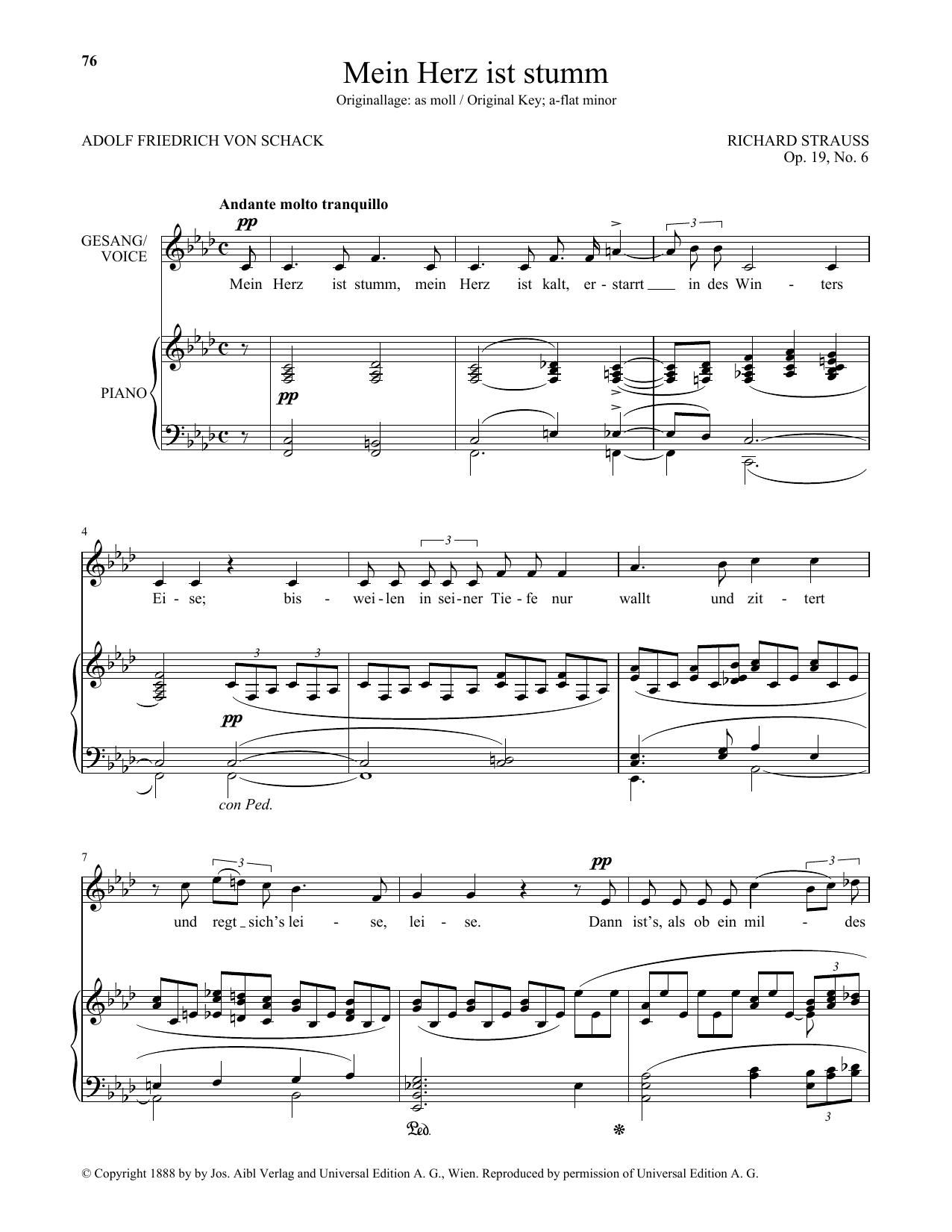 Download Richard Strauss Mein Herz Ist Stumm (Low Voice) Sheet Music and learn how to play Piano & Vocal PDF digital score in minutes
