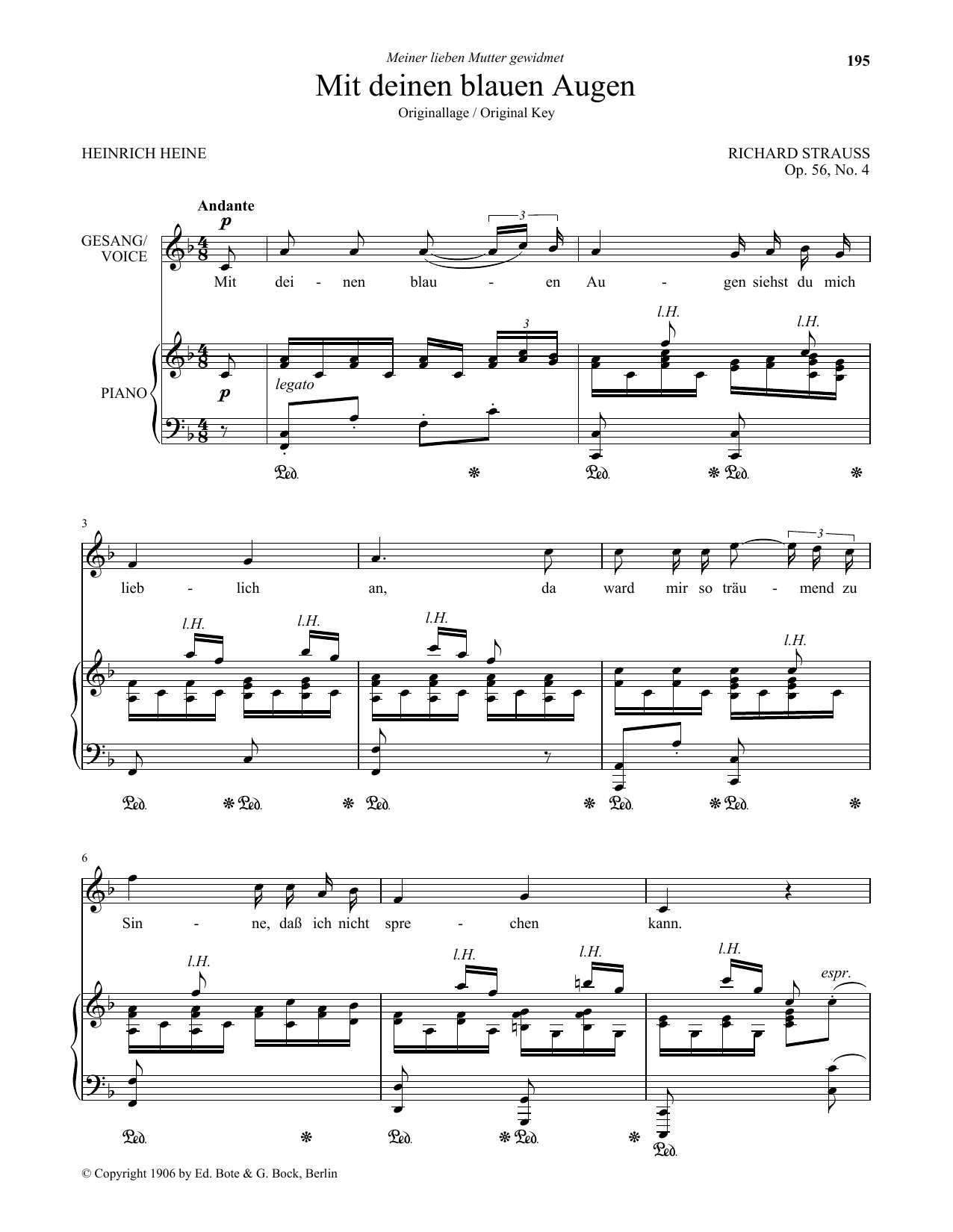 Download Richard Strauss Mit Deinen Blauen Augen (Low Voice) Sheet Music and learn how to play Piano & Vocal PDF digital score in minutes