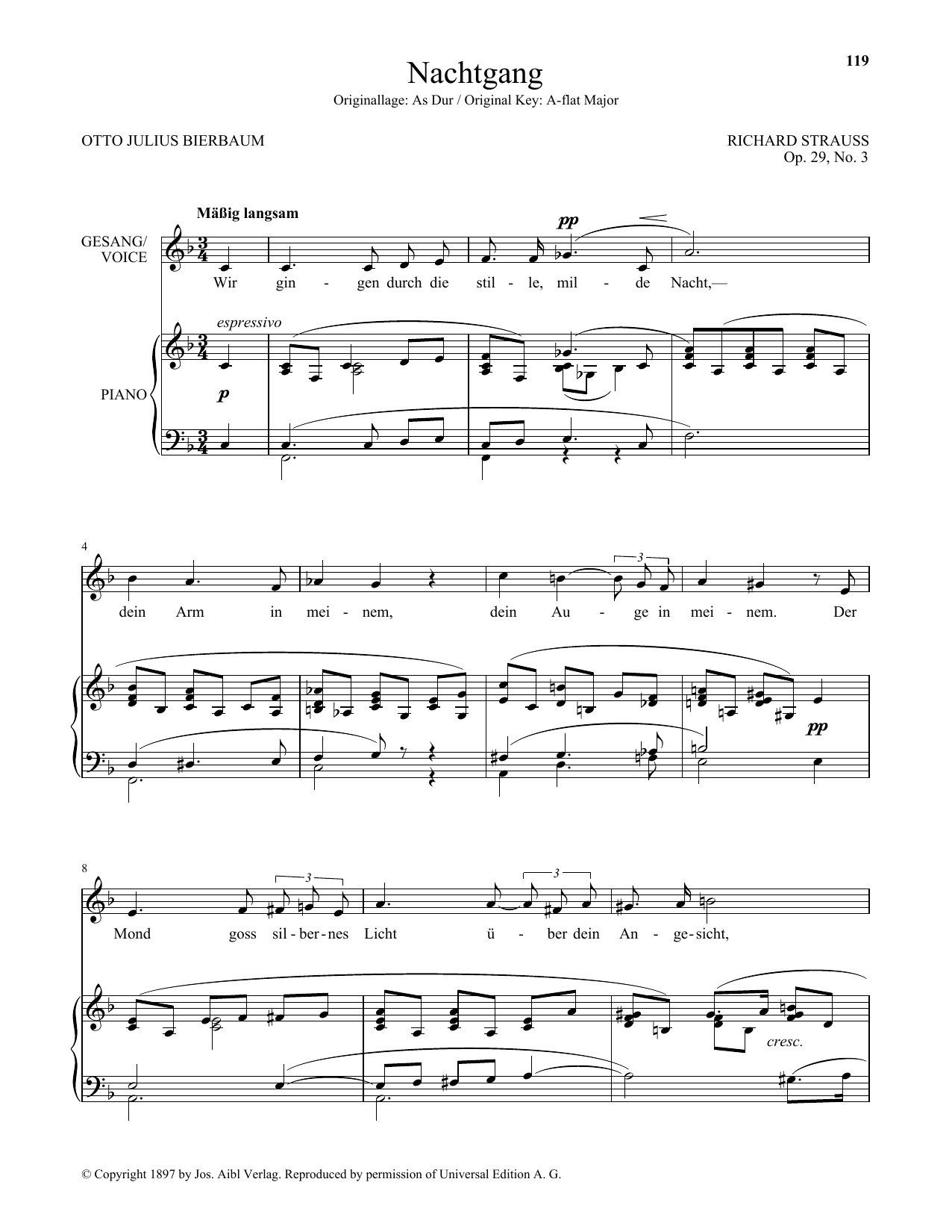 Download Richard Strauss Nachtgang (Low Voice) Sheet Music and learn how to play Piano & Vocal PDF digital score in minutes